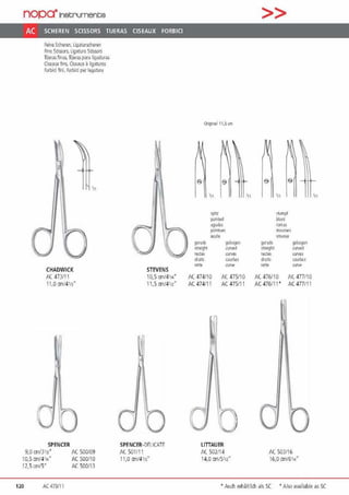 nopa·1netrumente
AC SCHEREN SCISSORS TIJERAS CISEAUX FORBICI
feine Sd1eren, Uyaturscheren
Rn~ Sci=s. llgature Sd~rs
Tijeras lina;,Tijeras para ligadur.is
Ci!.C3UX tins. (i$C3UX ~ llgatu!Y!I
Fcrbid ffni. k>fbici per legarura
'11
0 0CHADWICK
AC 473111
11,0 cm/41n"
n
SPENCER
9,0 cm/3111" AC 500/09
10,5 cm/41"" AC 500110
12,5 on/S" AC 500113
120 AC 473111
STEVENS
10.5 an/4''"
1l,5 an/4111•
SPENCER-DFI ICATE
AC 501/11
11,0 cml41n"
Cllj;lnal 11,)an
s e
•11
l[.l11.
[.(llnled
•gud.is
pl4rwues
awta
gerod> gebog:m
<tral9h1 runied
retlM curvas
droits courbes
recnP curv'
AC 474110 AC 475110
AC 474111 AC 47511 l
0LITIAUER
/( 502114
14,0 cml51n"
•n
>>
e s
1/1
11umpi
blunl
f0013S
mous~s
SntUSSif
gcr•d• !J'bogcn
w•l9h1 ruv~d
fl!dilS l.UViS
drotts coo1bes
f#'ltP or>t•
AC476/iO /1( 477110
AC 476/11 ' AC 477111
AC 503116
16,0 cm/61;1"
•11
·• Auch e1h~ltlid1 als SC ' Also .wailable as SC
 