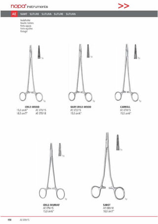 nopa•1netrumenta
AE NAHT SUTURE SUTURA SUTURE SUTURA
Na~lhaher
Needle llnlders
Porta-agujas
l't>r1e-~1gudlP.s
l'o11aglli
CRILE-WOOD
15,0 cm/6' /E 070115
18.0 on/7' AE 070/18
ISO JE 070115
CRILE-MURRAY
/E 076/15
15,0 cmffi"
BABY-CRILE-WOOD
/[ 072115
15,0 cm/6"
SAROT
AE080/18
18,0 ctr{]"
>>
CARROLL
AE 074/15
15,0 cm/6"
t.
 
