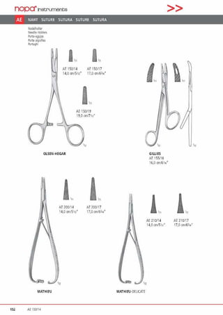 nopa"Instrumente
AE NAHT SUTURE SUTURA SUTURE SUTURA
Nadelhalter
Needle Holdm
Porta-agufas
Po11e-aigumes
Po11agl1i
0
1./1 l,n
AE 150114 AE 150117
14,0 crnl5'n' 17,0 crn/6l1•'
AE150119
19,0 r.m/71„·
OLSEN-HEGAR
MATHIEU
152 AE 150/14
AE 200114
14.0 crn/5'12'
AE200117
17.0 crn/631•'
MATHIEU-DELICATE
>>
,„1  .,
GILLIES
AE 15$116
16,0 crn/6114''
!'" 1.„AE 210114
14,0 cm/5111'
AE210117
17,0 cmffil" '
 