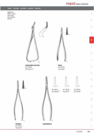 NAHT SUTURE SUTURA SUTURE SUTURA
Nadelhalter
Needle llolders
A:irta-agufas
A:i1te-~iguflles
A:i1t~ghi
TOENNIS
AE 226118
18,0 cmf7'
'"
EISELSBERG-MATHIEU
AF 219/18
i8,5crrV7'1i"
nopa"lnetrunent;e
CRILE
Af 224/15
i 5,0 cm/6•
'"
AE 228116
16.0 cm/6114'
LANGENBECK
'"
AE i.i.8118
18,0 anf7"
'"
AE 228/20
20.0 cm/8'
1
a:
AE228/20 153
 