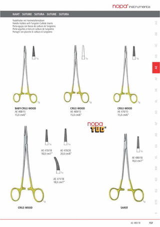 NAHT SUTURE SUTURA SUTURE SUTURA
Nadelhalter mit Hanmetalleinsä12en
Needle HolderswlthTungsten Carbide losem
Porta-agujas con bocas de carburo de Tungsteno
Porte·aiguillesamorsen carbure de tungsrene
Portaghi con placche dl carbwo di tungsteno
!,„
BABY·CRILE-WOOD
AE 468115
15,0 an/6•
!,,AE 470/18
18,0 ann··
CRILE-WOOD
AE 469115
15,0 an/6"
111
AE 470no
20,0 an/8"
111
AE471/18
18,0 cm/7"
CRILE-WOOD
'n
nOQ,O
UWCB®
nopa·1nstrumente
CRILE-WOOD
AE 470115
15,0 cm/6"
!'"AE 480/18
18,0an/7"
SAROT
1
.AE480/18 157
 