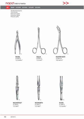 nopa"lnetrumerte
AE NAHT SUTURE SUTURA SUTURE SUTURA
Wundldamme11anAdien
Sulure l'nrr;:eps
Pinzas pJra agraf~
Pinces P<JUJ .igrafes
Pinze per.igrafes
MICHEL
AE 850117
12.0 cmf43M"
WACHENFELDT
AE 855/01
12,5 on/5"
172 AE 850n2
COLLIN
AE 852/13
13,0 cm/5"
HEGENBARTH
AE 856112
12,5 cm1s·
>>
RICHTER-HEATH
AE 85.3/14
14.0 on/51n'
MICHEL
AE 858/12
1/,0 cm/4l„"
 