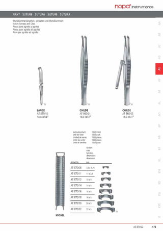 NAHT SUTURE SUTURA SUTURE SUTURA
llundklammerzbn!f(hen. ·pinzenen undlmdkla1Tmem
Sllture forcefll and 01ps
Plnzaspara agrafcs yagrafos
Pince> pooragrafes e1 agrafes
Plnze per agrilfes edagrafes
LANGE
AE 859110
10.0 cm/4"
MICHEL
CHILDE
AE 860101
18,0 crn/7"
Vc1k.:niselnheit
Unh tor Safe:
Unldad devenla:
UnitCdl" voow:
Unhädlvenillta:
1000 S11l<k
1000 ""'
1ooopi'"'s
1000pl<m
IOOOpml
Gr1141tn
sit:e'S"
tlmJÖOS
~m1>r>llons
dmer'Wonl
A111kfl Nr. mm
AE 870108 7,S:c t,75
.,,
AE 87011 1 11 x,,S „.AE 870117 ,,.' fl
•AE 870114 14 X~ „•AE 870116 16'3 Q
•AE 870118 ISx 3
AE870120 )i)x 1
AE 87002 ''X3
nopa·1nstrumente
111
CHILDE
AE 860107
18,0 cmn"
1
AE 870/22 173
 