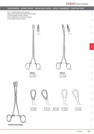 nopa·1nstrumente
TUPFERZANGEN SPONGE FORCEPS PINZAS PARA POLIPOS PINCES A PANSEMENTS PINZE PER POLIPI
Korn· und Topfman~n. Schwammzangen
Polypus and Dressing Forceps. Sponge Holding Forceps
Pinzas pa1a p61ipo~ rapones yesponjas
Pinces apansements. atampons et aeponges
Pinze pe1 pollpi, tamponi espugne
FOERSTER·BALLENGER
DUPLAY
Af 176/20
20,S cm/8"
'"
AF 200/18
AF 200/20
•11
DUPLAY
AF 177/20
20,S cm/8'
'"
AF 201/18 18,0 crn/7" AF 202118
AF 201/20 20,0 cm/8" AF 202120
'"
'"
AF 203118
AF 203/20
1
AF 203120 179
 
