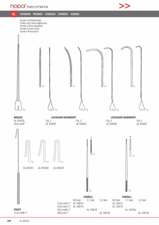 nopa"lnscrument;s
Al SONDEN PROBES SONDAS SONDES SONDE
Sonden und Wa11e11äger
Probesand CottonApplicators
SondasyPorta·algodones
Sondes et Porte-coton
Sonde ePonacotone
LOCKHART·MUMMERY
Fig. 1 Fig. 2
BRODIE
Al 026/20
20,0 cm/8* Al 030/01 Al 030/02
0
L
Al 035/01 Al 035/02 Al 035103
FARREU
0,9mm 1,1mm
12,0 cm/431•• Al 100/12
14,0 cm/5112" Al 100/14
PRATT 16,5 cm/6112• Al 100116
21.0 an/8'14" 18,0 cm/7*
200 Al 026120
>>
LOCKHART·MUMMERY
Fig. 3 Fig. 4
Al 030/03 Al 030/04
112
FARRELL
1,2 mm 0,9mm 1,1mm 1,2 mm
Al 120112
Al 120/14
Al 120/16
Al 100/IB AL 120118
 