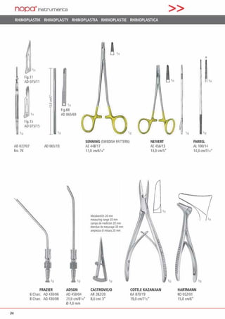 24
nopa"lnscrument;s >>
RHINOPLASTIK RHINOPLASTY RHINOPLASTIA RHINOPLASTIE RHINOPLASTICA
fig.1 1
AD 075/11
Fig.15
AD 075/15
111
Fig.69
AD 065/69
112 '12
AD 027/07
No. 7K
AD 065113
112
FRAZIER
6 Charr. AO 430/06
8Charr. AO 430108
ADSON
AO 450/04
21,0 cm/8114"
04,0 mm
l.11
•12
SENNING (SWEDISH PATIERN)
AE 448/17
17,0 cm/6)14"
Messb«eich 10 nvn
meMUring rangt 20 mm
compode me<lticln 10 mm
ftfndut de mesurage 20mm
ampitzza.dimiSlA'a 20 mm
•n
CASTROVIEJO
AR 282120
8,0 cm/ 3"
NEIVERT
AE 456113
13,0 cm/5"
COITLE KAZANJIAN
KA 870119
19,0 cm/7112"
0
L
'n
FARREL
AL 100/14
14,0 cm/5112"
HARTMANN
KO 052/01
15,0 cm/6*
 