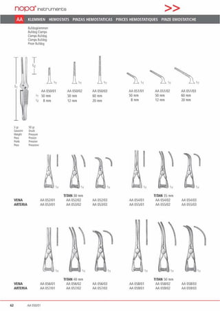 nopa"1nstrurnents >>
AA KLEMMEN HEMOSTATS PINZAS HEMOSTATICAS PINCES HEMOSTATIQUES PINZE EMOSTATICHE
Bulldogklemmen
Bulldog Clamps
Clamps Bulldog
Clamps Bulldog
Pinze Bulldog
3 gr SO gr
Gt'icht Orud:
Wf19ht Pressure
Peso f'tesi6o
Poid:s Pression
P-eso Pres.sione
VENA
ARTERIA
VENA
ARTERIA
AA 052/01
AA 053/01
AA 056/01
AA 057/01
62 AAOS0/01
'11
1
TITAN 30 mm
AA 052102
AA 053/02
TITAN 40 mm
AA 056/02
AA 057/02
AA 052103
AA 053103
AA 056103
AA 057/03
1
'"
AA 054/01
AA 055/01
AA 058101
AA 059/01
TITAN 35 mm
AA 054/02
AA 055102
'"
TITAN SO mm
AA 058102
AA 059/02
AA054/03
AA055/03
AAOSB/03
AA059/03
 
