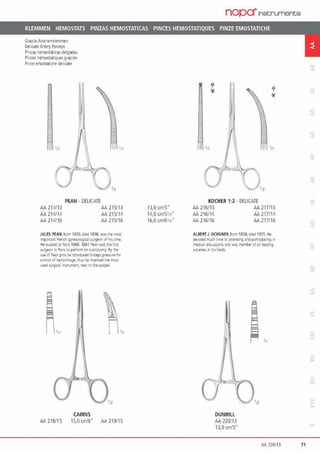 GrallleAnenenldemmen
llellC.lleAne<y F«ceps
Pmzas hemos1a11cas de!gadas
Pincos nemos1a1lquosgraolos
Pmze enios1a1oche oolJcale
AA 214/13
AA 214/14
AA 214/16
PEAN • DELICATE
AA 215/13
AA 215/14
AA 215/16
JULES PEAN, bom 1830, d;ed 1896, was the most
•l!l>•naNF!en<hgyne<olog.cal suigeon c!l'ls <<m•.
HeSM11ed atPa„ tSOO. 186-1 !!an was lhe füst
surgeon " Pans to jIBforrn an ovanotomy.ay the
us.ofPean pinsl'A! illtTOduced fOICfP' pre<sure !0<
conulllof hemonhage, thus t< 1nvented the most
used sur91cal msm.ment. next tothesca!fl'fl
e '
~"n./I
CAIRNS
AA 218115 15,0cm/6" AA 219/15
13,0 cm/5"
14,0 cm/511z"
16,0 cm/6114"
nop0-1netnrnents
1
In •n
KOCHER 1:2• DELICATE
AA216/13 AA 217/13
AA 216/14 AA 217/14
AA 216116 AA 217/16
AtBE!IT J. OCHSNER, botn 1858, ~ied 191>. He
devottdmuch time to iineOOrng and pan1apat1NJ rn
med1cal cfo(uss~"' and was !Nmber of all leolfing
Societti it htS fi~ds.
DUNHILL
AA 220/13
13,0 an/5"
p.
§
~ '11
AA 220/13 71
 