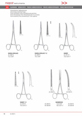 nop~lnst:rument;s >>
AA KLEMMEN HEMOSTATS PINZAS HEMOSTATICAS PINCES HEMOSTATIQUES PINZE EMOSTATICHE
Arterienklemmen. Kopfhautklemmen
Arteryforceps, ScalpFlap forceps
Pinzas hemost.iticas, Pinm hemost.itlcas para pericr.ineo
Pinces hemostatiques. Pinces hemostatiques pour le cuirchevelu
Pinze emostatiche, Pinze emostatiche peril cuoio capelluto
'11
'11
DIXON-LOVELACE
AA 286115
DIXON-LOVELACE 1:2
AA 288115
15,5 cm16·
72 AA 286/15
DANDY 1:2
AA 293/14
14,0 cmt5•n"
•11
15,5 cm16·
'"AA 304/15
AA 304/15
AA 304118
,,,
BAINBRIDGE
15,0 cm/6"
18,5 cml7'fl•
DANDY
AA 291114
14,0 cm/5•12·
AA 305/15
AA 305118
,,,
 