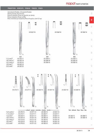 PINZETIEN FORCEPS PINZAS PINCES PINZE
Anatomlsd1e Pu1zenen. Chlru1yische Pinzerrr<i
llressmg 1ar~ hssue rarceps
Pinz.asde dlsco:il>n. Pinm de disccdtll oon dlcntcs
Pin<X<S ~ dissoction. Pinces~ griffes
Pinie anatomid1e per dissezione, Pinze chiru1gii:heil demi di topo
nAB 062/14
'12
2:3
13,0 crn15" Aß 062113
14,5 cm/5~4 AB 062114
16,0 cml6'1•• Aß 062/16
18,0 cm/7" AB 062/18
20,0 cm/8" AB 062120
'!
'"•11
nAB 06411 4
3:4
/ß 064113
AB 064/14
AB 064/16
~
~
!
~ 1
'"
/B 070/13 Aß 071/13 Aß 080114 AB 081114
l
'11 '12 - '12 •12
1:2 1:2
schmal - oorrov - cstrcdlas - Ctloitcs + strctt
10,5cm/41„ • AB 070/10 AB 071110 AS 080110 AB 081110
11,Scrn/4112' Aß 070111 Aß 071111 Aß 080111 /ß 081111
13,0 cm/5" AB 070/13 AB 071113 AB 080113 AB 081113
14,5cml%•' AR 070/14 AR071114 AB 080/14 AB 081114
16,0cni/611•' Aß 070116 Aß 071116 Aß 080116 Aß 081116
18,0 cml7" AB 070118 AB 071/18 AB080118 A8 081/18
?0,0 cm/8" AB 070/i,O AR 071/20 AS 080/i.O AB 0811?0
•11
AB 083/14
nAB 066/14
'11
4:5
Aß 066113
AB 066/14
AB 066/16
111
Aß 084114
1
1
l '11 '11
1:2
fein · dclicatc · flnas ·flncs · flnc
AB 083113
AR 08.'114
AB 084/13
AR 084114
1
a:
All 084/14 79
 