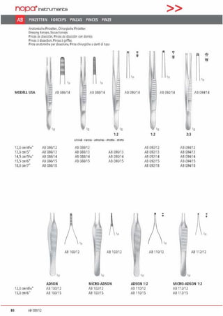 nopa•1netrumente
AB PINZETIEN FORCEPS PINZAS PINCES PINZE
Anatomische Pinzenen.Chll'Jrgisd1e Pinzenen
llre."'"!l r,,,r.eps. lissue 1orce115
Plnzas de discccilrl. Pinzas de d~e<d6n coo dlentcs
Pinces ~ dissection, Pinces ~ gritfE<S
Pinze anil10mid1e pa- disseziooe. Pinzechi111rgi<he aden~ di Jcpo
MOOEUUSA
12.0 crn/4114'
13,0 cm/5"
14,5cm/51,..·
15,5 crn/6"
18,0 cm/7"
12,0 crnlO•'
15,0 cm/6"
80 AB036112
llß 086112
AB 086113
AS 086/14
Aß086115
AB 086118
'"
ADSON
Aß100112
AB 10011 5
'"
Aß 088/14
'12
AB 088112
AB 088113
AS 088114
A8 088/15
'"
AB 100112
'n
1:2
AB 090113
Aß 090114
Aß 090115
AB 102112
MICRO-AOSON
llß 102/i 2
AB 102/l5
>>
'"
,,,
'n
Aß ogo114 lß 092114 Aß 094114
'n
1:2
AB 092/12
AB 092113
AS 092114
AB 092/15
AS 092/18
ADSON 1:2
Aß 110112
AB 110115
AB 110112
2:3
Aß 094112
AB 094113
AB 094/14
Aß 094115
AB 094/18
AB 112/12
MICRO-ADSON 1:2
AB 112112
AB 112115
 