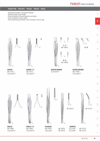 PINZETIEN FORCEPS PINZAS PINCES PINZE
Anatomische Pinzetten, Chirurgische Pinzetten
Dm.sing N>rceps, Tissue Forceps
Pinzas de diseccl6n, Pinzas de disecciöncon dlentes
Pinces ädissection, Pinces ä griffes
Pinzeanatomiche per disseziont>, Pinze chirurgKhe a denti d1 topo
A..
'n
ADSON
AB 114112
12,0 (lll/4314"
'"
'n
ADSON 1:2
ABl lS/12
12,0 cmf4314•
A.: 7: 7
AB 116/07
9:9
AB 116/09
ADSON·BROWN
12,0 cm/4314•
nopa•1nstruments
'n
ADSON·BROWN
AB 117/09
12,0 cmf4314"
9:9
1
AB 120/12
111
1- AB 121112
EWALD
AB 118101
12,0 an141„·
EWALD 1:2
AB118102
12,0 cmf4314•
MtlNDOE
AB 119/15
15,0 cm/6"
'n
AB 120112
AB 120115
SEMKEN
12,5cm/S"
15,5cm/6"
in
AB 121112
AB 121/15
AB 121115 81
 