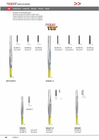 nopctlnel:irumentie
>>
AB PINZITTEN FORCEPS PINZAS PINCES PINZE
Pinl<lttenmit Hanmetalleinsiitzen
01~<ech119 fCJfcepswilh lungslenC.arbdelnse<ts
Pinz.isde d~ecoon conboCilS de ca10010detungsteno
P1nl'2S ad1s'ie(llnn avecmorsen carbt11'1 de ltmgstftte
Pinie per dissezione conpume di woorodl rungsteno
AB 880115
15,0 on/6•
AB 880118
18,0 onn•
AB880120
20,0 on/8"
POTIS·SMITH
100 AB 880/ IS
LAB 890/12
SEMKEN
AB 890112
AB 890115
12,5 on/5"
l5,5 cm/6"
nOQO
U~[§@
L t t t
OEHLER 1:2
=
....
--"""'=
~
=.....
GIUIES 1:2
AB 900/15
15,0 cm/6"
AB 88V14 AB 88V16 AB 88V18
14.0 crn/5'12" 16,0 01l/6l1t" 18,0 onn·
~
'I
~
'11
......
JEWELER
AB 902115
15,0 cm/6"
j~,„
AB 88V20
20.0 on/8'
 