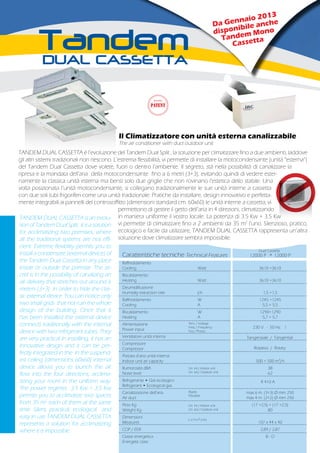 Caratteristiche tecniche Technical Features	 12000 P + 12000 P
Raffreddamento
Cooling	 Watt	 3610 +3610
Riscaldamento
Heating	 Watt	 3610 +3610
Deumidificazione
Humidity extraction rate	 l/h	 1,5 +1,5
Raffreddamento	 W	 1245 +1245	
Cooling	 A	 5,5 + 5,5
Riscaldamento	W	 1290+1290
Heating	 A	 5,7 + 5,7
Alimentazione
Power input
Ventilatore unità interna		
Compressore
Compressor
Portata d’aria unità interna		
Indoor unit air capacity		 500 + 500 m3
/h
Rumorosità dBA		 38
Noise level		 62
Refrigerante • Gas ecologico
Refrigerant • Ecological gas
Canalizzazione dell’aria		 max 6 m. (3+3) Ø mm 250
Air duct		 max 4 m. (2+2) Ø mm 250
Peso Kg		 (17 +2,5) + (17 +2,5)
Weight Kg		 80
Dimensioni		
Measures		 107 x 44 x 40
COP / EER		 2,89 / 2,87
Classe energetica		 B - D	
Energetic class
TANDEM DUAL CASSETTA is an evolu-
tion of Tandem Dual Split, it is a solution
for acclimatizing two premises, where
all the traditional systems are not effi-
cient. Extreme flexibility permits you to
install a condensate (external device) of
the Tandem Dual Cassetta in any place
inside or outside the premise. The se-
cret is in the possibility of canalizing an
air delivery that stretches out around 6
meters (3+3) in order to hide the clas-
sic external device. You can notice only
two small grids that not ruin the whole
design of the building. Once that it
has been installed the external device
connects traditionally with the internal
device with two refrigerant tubes. They
are very practical in installing, it has an
innovative design and it can be per-
fectly integrated in the in the suspend-
ed ceiling (dimensions 60x60) internal
device allows you to launch the air
flow into the four directions, acclima-
tizing your room in the uniform way.
The power regimes 3.5 Kw + 3.5 Kw
permits you to acclimatize two spaces
from 35 m2
each of them at the same
time. Silent, practical, ecological and
easy in use TANDEM DUAL CASSETTA
represents a solution for acclimatizing
where it is impossible.
Il Climatizzatore con unità esterna canalizzabile
The air conditioner with duct outdoor unit
TANDEM DUAL CASSETTA è l’evoluzione del Tandem Dual Split , la soluzione per climatizzare fino a due ambienti, laddove
gli altri sistemi tradizionali non riescono. L’estrema flessibilità, vi permette di installare la motocondensante (unità “esterna”)
del Tandem Dual Cassetta dove volete, fuori o dentro l’ambiente. Il segreto, stà nella possibilità di canalizzare la
ripresa e la mandata dell’aria della motocondensante fino a 6 metri (3+3), evitando quindi di vedere ester-
namente la classica unità esterna ma bensì solo due griglie che non rovinano l’estetica dello stabile. Una
volta posizionata l’unità motocondensante, si collegano tradizionalmente le sue unità interne a cassetta
con due soli tubi frigoriferi come una unità tradizionale. Pratiche da installare, design innovativo e perfetta-
mente integrabili ai pannelli del controsoffitto (dimensioni standard cm. 60x60) le unità interne a cassetta, vi
permettono di gestire il getto dell’aria in 4 direzioni, climatizzando
in maniera uniforme il vostro locale. La potenza di 3.5 Kw + 3.5 Kw
vi permette di climatizzare fino a 2 ambienti da 35 m2
l’uno. Silenzioso, pratico,
ecologico e facile da utilizzare, TANDEM DUAL CASSETTA rappresenta un’altra
soluzione dove climatizzare sembra impossibile.
Tens. / Voltage
Freq. / Frequency
Fasi / Phases
230 V. - 50 Hz. 1
Tangenziale / Tangential
Rotativo / Rotary
R 410 A
Dual Cassetta
Un. int / Indoor unit
Un. est./ Outdoor unit
Rigido
Flessibile
Un. int / Indoor unit
Un. est./ Outdoor unit
L x H x P (cm)
Da Gennaio 2013
disponibile anche
Tandem Mono
Cassetta
 