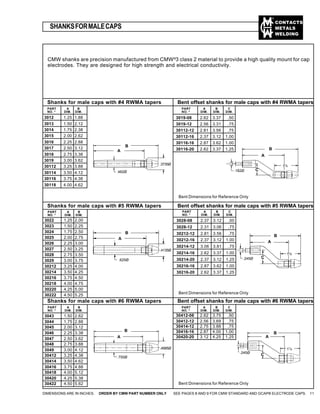 CONTACTS
METALS
WELDING
PART A B C
NO. * DIM. DIM. DIM.
3028-08 2.37 3.12 .50
3028-12 2.31 3.06 .75
30212-12 2.81 3.56 .75
30212-16 2.37 3.12 1.00
30214-12 3.06 3.81 .75
30214-16 2.62 3.37 1.00
30214-20 2.37 3.12 1.25
30216-16 2.87 3.62 1.00
30216-20 2.62 3.37 1.25
SHANKSFORMALECAPS
DIMENSIONS ARE IN INCHES. ORDER BY CMW PART NUMBER ONLY SEE PAGES 8 AND 9 FOR CMW STANDARD AND GCAP® ELECTRODE CAPS. 11
Shanks for male caps with #4 RWMA tapers Bent offset shanks for male caps with #4 RWMA tapers
Shanks for male caps with #5 RWMA tapers Bent offset shanks for male caps with #5 RWMA tapers
Shanks for male caps with #6 RWMA tapers Bent offset shanks for male caps with #6 RWMA tapers
Bent Dimensions for Reference Only
PART A B
NO. * DIM. DIM.
3012 1.25 1.88
3013 1.50 2.12
3014 1.75 2.38
3015 2.00 2.62
3016 2.25 2.88
3017 2.50 3.12
3018 2.75 3.38
3019 3.00 3.62
30112 3.25 3.88
30114 3.50 4.12
30116 3.75 4.38
30118 4.00 4.62
PART A B C
NO. * DIM. DIM. DIM.
3019-08 2.62 3.37 .50
3019-12 2.56 3.31 .75
30112-12 2.81 3.56 .75
30112-16 2.37 3.12 1.00
30116-16 2.87 3.62 1.00
30116-20 2.62 3.37 1.25
Bent Dimensions for Reference Only
Bent Dimensions for Reference Only
PART A B C
NO. * DIM. DIM. DIM.
30412-08 2.62 3.75 .50
30412-12 2.56 3.69 .75
30414-12 2.75 3.88 .75
30416-16 2.87 4.00 1.00
30420-20 3.12 4.25 1.25
CMW shanks are precision manufactured from CMW®
3 class 2 material to provide a high quality mount for cap
electrodes. They are designed for high strength and electrical conductivity.
PART A B
NO. * DIM. DIM.
3022 1.25 2.00
3023 1.50 2.25
3024 1.75 2.50
3025 2.00 2.75
3026 2.25 3.00
3027 2.50 3.25
3028 2.75 3.50
3029 3.00 3.75
30212 3.25 4.00
30214 3.50 4.25
30216 3.75 4.50
30218 4.00 4.75
30220 4.25 5.00
30222 4.50 5.25
PART A B
NO. * DIM. DIM.
3043 1.50 2.62
3044 1.75 2.88
3045 2.00 3.12
3046 2.25 3.38
3047 2.50 3.62
3048 2.75 3.88
3049 3.00 4.12
30412 3.25 4.38
30414 3.50 4.62
30416 3.75 4.88
30418 4.00 5.12
30420 4.25 5.38
30422 4.50 5.62
B
A
C.182Ø
15
/8
B
A
C.245Ø
15/8
B
A
C
.245Ø
17
/8
B
A
.482Ø
.3735Ø
B
A
.4135Ø
.625Ø
B
A
.750Ø
.4995Ø
 