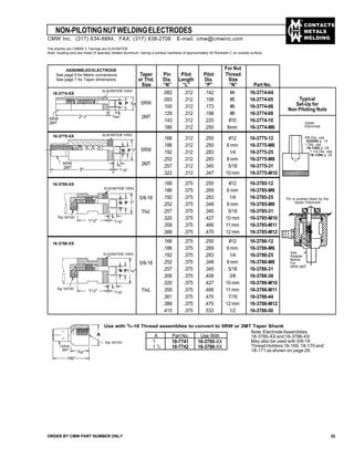 CONTACTS
METALS
WELDING
The shanks are CMW® 3. Facings are ELKONITE®
Note: locating pins are made of specially treated aluminum, having a surface hardness of approximately 55 Rockwell C on outside surface.
ASSEMBLEDELECTRODE
See page 6 for Metric conversions
See page 7 for Taper dimensions
For Nut
Taper Pin Pilot Pilot Thread
or Thd. Dia. Length Dia. Size
Size “N” “L” “P” “N” Part No.
.082 .312 .142 #4 16-3774-04
.093 .312 .158 #5 16-3774-05
.100 .312 .173 #6 16-3774-06
.129 .312 .198 #8 16-3774-08
.143 .312 .220 #10 16-3774-10
.186 .312 .250 6mm 16-3774-M6
.166 .312 .250 #12 16-3775-12
.186 .312 .250 6 mm 16-3775-M6
.192 .312 .283 1/4 16-3775-25
.252 .312 .283 8 mm 16-3775-M8
.257 .312 .345 5/16 16-3775-31
.322 .312 .347 10 mm 16-3775-M10
.166 .375 .250 #12 16-3786-12
.186 .375 .269 6 mm 16-3786-M6
.192 .375 .283 1/4 16-3786-25
.252 .375 .348 8 mm 16-3786-M8
.257 .375 .345 5/16 16-3786-31
.306 .375 .408 3/8 16-3786-38
.320 .375 .427 10 mm 16-3786-M10
.359 .375 .466 11 mm 16-3786-M11
.361 .375 .470 7/16 16-3786-44
.388 .375 .470 12 mm 16-3786-M12
.415 .375 .533 1/2 16-3786-50
.166 .375 .250 #12 16-3785-12
.186 .375 .269 6 mm 16-3785-M6
.192 .375 .283 1/4 16-3785-25
.252 .375 .348 8 mm 16-3785-M8
.257 .375 .345 5/16 16-3785-31
.320 .375 .427 10 mm 16-3785-M10
.359 .375 .466 11 mm 16-3785-M11
.388 .375 .470 12 mm 16-3785-M12
5RW
2MT
5RW
2MT
5/8-18
Thd.
5/8-18
Thd.
Typical
Set-Up for
Non Piloting Nuts
Use with 5
/8-18 Thread assemblies to convert to 5RW or 2MT Taper Shank
Note:ElectrodeAssemblies
18-3785-XXand18-3786-XX
May also be used with 5/8-18
Thread Holders 18-169, 18-170 and
18-171 as shown on page 29.
A Part No. Use With
1 18-7741 16-3785-XX
1 1
/4 18-7742 16-3786-XX
16-3785-XX
16-3786-XX
Upper
Electrode
NON-PILOTINGNUTWELDINGELECTRODES
ORDER BY CMW PART NUMBER ONLY 23
16-3775-XX
Pin is pushed down by the
Upper Electrode
See
Adapter
Below
For
5RW 2MT
5/8 Dia. use
632050 p. 14
1 Dia. use
16-1392 p. 25
1 1/4 Dia. use
16-1394 p. 25
CMW Inc. (317) 634-8884, FAX: (317) 638-2706 E-mail: cmw@cmwinc.com
16-3774-XX
ELKONITE® 10W3
N P 5/8
L
3/64"21/2"
1/16"
1/16"
5RW
2MT
5/8-18THD
A
5/8"
13/4"
5/8-18THD
N P 1"
L
11/2"
5/8-18THD
11/2"
L
N P11/4"
ELKONITE® 10W3
P 1"
3"
5RW
2MT
L
1/16"
N
5RW
2MT
ELKONITE® 10W3
ELKONITE® 10W3
 