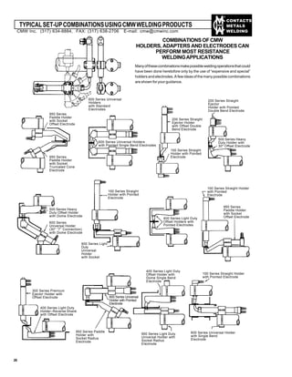 CONTACTS
METALS
WELDING
TYPICALSET-UPCOMBINATIONSUSINGCMWWELDINGPRODUCTS
COMBINATIONSOFCMW
HOLDERS, ADAPTERS AND ELECTRODES CAN
PERFORM MOST RESISTANCE
WELDINGAPPLICATIONS
Manyofthesecombinationsmakepossibleweldingoperationsthatcould
have been done heretofore only by the use of “expensive and special”
holders and electrodes. A few ideas of the many possible combinations
are shown for your guidance.
600 Series Universal
Holders
with Standard
Electrodes
950 Series
Paddle Holder
with Socket
Offset Electrode
950 Series
Paddle Holder
with Socket
Truncated Cone
Electrode
600 Series Universal Holders
with Pointed Single Bend Electrodes
200 Series Straight
Ejector
Holder with Pointed
Double Bend Electrode
500 Series Heavy
Duty Holder with
30" Offset Electrode
200 Series Straight
Ejector Holder
with Offset Double
Bend Electrode
100 Series Straight
Holder with Pointed
Electrode
500 Series Heavy
Duty Offset Holder
with Dome Electrode
600 Series
Universal Holder
(30" “T” Connection)
with Dome Electrode
100 Series Straight
Holder with Pointed
Electrode
900 Series Light
Duty
Universal
Holder
with Socket
400 Series Light Duty
Offset Holders with
Pointed Electrodes
100 Series Straight Holder
with Pointed
Electrode
950 Series
Paddle Holder
with Socket
Offset Electrode
300 Series Premium
Ejector Holder with
Offset Electrode
400 Series Light Duty
Holder–Reverse Shank
with Offset Electrode
400 Series Light Duty
Offset Holder with
Dome Single Bend
Electrode
900 Series Light Duty
Universal Holder with
Socket Radius
Electrode
100 Series Straight Holder
with Pointed Electrode
600 Series Universal Holder
with Single Bend
Electrode
600 Series Universal
Holder with Pointed
Electrode
950 Series Paddle
Holder with
Socket Radius
Electrode
CMW Inc. (317) 634-8884, FAX: (317) 638-2706 E-mail: cmw@cmwinc.com
28
 