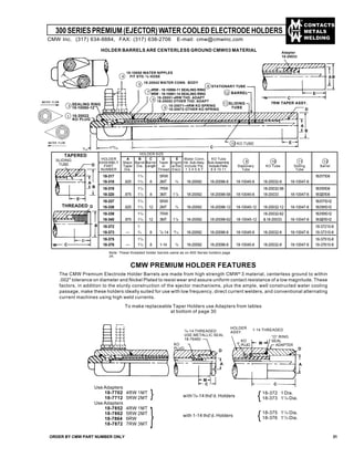 CONTACTS
METALS
WELDING
300SERIESPREMIUM(EJECTOR) WATERCOOLEDELECTRODEHOLDERS
ORDER BY CMW PART NUMBER ONLY 31
4
18-10050 WATER NIPPLES
FIT STD. 3
/8 HOSE
5
9
18-20071–4RW KO SPRING
18-20072 OTHER KO SPRING
6
18-20051-4RW THD. ADAPT
18-20052 OTHER THD. ADAPT
7
18-20042 WATER CONN. BODY
4RW - 18-10060-11 SEALING RING
5RW - 18-10061-14 SEALING RING
3 SEALING RING
18-10060-12
1 18-20022
KO PLUG
KO TUBE10
7RW TAPER ASSY.
Adapter
18-20033
8 STATIONARY TUBE
BARREL12
HOLDER BARRELS ARE CENTERLESS GROUND CMW®3 MATERIAL
E
D
HOLDER A B C D E Water Conn. KO Tube
ASSEMBLY Major Barrel Barrel Taper Engmt. Hd. Sub-Assy. Sub-Assembly
PART Taper Dia. Length or w/Std. Include Pts. IncludeParts: Stationary KO Tube Sliding Barrel
NUMBER Dia. Thread Elect. 1 3 4 5 6 7 8 9 10 11 Tube Tube
18-317 11
/4 5RW 18-31710-8
18-318 .625 11/2 8 2MT 3/4 18-20092 18-20096-8 18-10045-8 18-20032-8 18-10047-8
18-319 11
/4 7RW 18-20032-58 18-31910-8
18-320 .875 11
/2 8 3MT 11
/8 18-20092 18-20096-58 18-10045-8 18-20033 18-10047-8 18-32010-8
18-337 11
/4 5RW 18-31710-12
18-338 .625 11
/2 12 2MT 3
/4 18-20092 18-20096-12 18-10045-12 18-20032-12 18-10047-8 18-31810-12
18-339 11/4 7RW 18-20032-62 18-31910-12
18-340 .875 11
/2 12 3MT 11
/8 18-20092 18-20096-62 18-10045-12 &18-20033 18-10047-8 18-32010-12
18-372 1 18-37210-8
18-373 — 1/
4 8 7
/8-14 9
/16 18-20092 18-20096-8 18-10045-8 18-20032-8 18-10047-8 18-37310-8
18-375 11
/4 18-37510-8
18-376 — 11/2 8 1-14 3/4 18-20092 18-20096-8 18-10045-8 18-20032-8 18-10047-8 18-37610-8
8 10 11 12
HOLDER SIZE
Note: These threaded holder barrels same as on 600 Series holders page
34.
CMW PREMIUM HOLDER FEATURES
The CMW Premium Electrode Holder Barrels are made from high strength CMW®
3 material, centerless ground to within
.002" tolerance on diameter and Nickel Plated to resist wear and assure uniform contact resistance of a low magnitude. These
factors, in addition to the sturdy construction of the ejector mechanisms, plus the ample, well constructed water cooling
passage, make these holders ideally suited for use with low frequency, direct current welders, and conventional alternating
current machines using high weld currents.
To make replaceable Taper Holders use Adapters from tables
at bottom of page 30
A
B
E
SLIDING
TUBE
THREADED D
B
E
C
C
M
A
C
A
M ADAPTER
HOLDER
ASSY.
KO
PLUG
7
/8-14 THREADED
USE METALLIC SEAL
18-76460
KO
PLUG
“O” RING
SEAL
1-14 THREADED
D D
Use Adapters
18-7702 4RW 1MT
18-7712 5RW 2MT
Use Adapters
18-7852 4RW 1MT
18-7862 5RW 2MT
18-7864 6RW
18-7872 7RW 3MT
} with7
/8-14 thd’d. Holders
with 1-14 thd’d. Holders
18-372 1 Dia.
18-373 11
/4 Dia.{
18-375 11
/4 Dia.
18-376 11
/2 Dia.{
SLIDING
TUBE
11
C123
/325
/16
C
E
BA
B
A
CMW Inc. (317) 634-8884, FAX: (317) 638-2706 E-mail: cmw@cmwinc.com
D
}
TAPERED
 