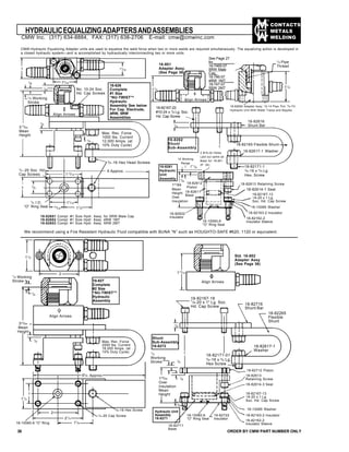 CONTACTS
METALS
WELDING
15
/32
21
/32
1
/4
1
/4 Working
Stroke
No. 10-24 Soc.
Hd. Cap Screws
Align Arrows
1
/8
1
/8
1
/4 -20 Soc. Hd.
Cap Screws
5 Approx.
113
/16
17
/16
11
/2
23
/32
1
/4 I.D.
“O” Ring Seal
18-82651 Compl. #1 Size Hydr. Assy. for 5RW Male Cap
18-82652 Compl. #1 Size Hydr. Assy. 4RW 1MT
18-82653 Compl. #1 Size Hydr. Assy. 5RW 2MT
Align Arrows
See Page 27
for__________
18-7465-07
5RW Male
Cap_
18-746-07
4RW 1MT____
18-747-07
5RW 2MT
2 #10-24 Holes
Laid out same as
Base for 18-801
(P. 34)
1
/8
1
/4 Working
Range
18-82613 Retaining Screw
18-82614-1 Seal
18-82167-13
1
/4-20 x 1 Lg.
Soc. Hd. Cap Screw
18-10085 Washer
18-82163-2 Insulator
18-82162-2
Insulator Sleeve18-10060-6
“O” Ring Seal
18-82622
Insulator
143
/64
Mean
Height
Over
Insulation
18-82612
Piston
18-82611
Base
We recommend using a Fire Resistant Hydraulic Fluid compatible with BUNA “N” such as HOUGHTO-SAFE #620, 1120 or equivalent.
18-826
Complete
#1 Size
“NU-TWIST”®
Hydraulic
Assembly See below
For Cap. Electrode,
4RW, 5RW
Assemblies
18-8262
Shunt
Sub-Assembly
18-8261
Hydraulic
Unit
Assembly
CMW-Hydraulic Equalizing Adapter units are used to equalize the weld force when two or more welds are required simultaneously. The equalizing action is developed in
a closed hydraulic system—and is accomplished by hydraulically interconnecting two or more units.
HYDRAULICEQUALIZINGADAPTERSANDASSEMBLIES
38 ORDER BY CMW PART NUMBER ONLY
1
/8
Align Arrows
1
/8
1
55
/8 Approx.
1
/4-20 Cap Screw
3
/8-16 Hex Screw
18-10060-6 “O” Ring
Align Arrows
18-82167-18
1
/4-20 x 1" Lg. Soc.
Hd. Cap Screw
18-82716
Shunt Bar
18-82265
Flexible
Shunt
18-82617-1
Washer
1
/8
18-82712 Piston
18-82171-01
3
/8-16 x 5
/8 Lg.
Hex Screw
18-82613
Retaining Screw
18-82614-3 Seal
18-82167-13
1
/4-20 x 1 Lg.
Soc. Hd. Cap Screw
18-10085 Washer
18-82163-2 Insulator
18-82162-2
Insulator Sleeve
18-82722
Insulator
18-10060-6
“O” Ring Seal
18-82711
Base
Std. 18-802
Adapter Assy
(See Page 36)
18-827
Complete
#2 Size
“NU-TWIST”®
Hydraulic
Assembly
Shunt
Sub-Assembly
18-8272
Hydraulic Unit
Assembly
18-8271
313
/64
Mean
Height
5
/81
3
/8 -16 Hex Head Screws
1
/8
Max. Rec. Force
1000 lbs. Current
12,000 Amps. (at
10% Duty Cycle)
11
/4
18-801
Adapter Assy.
(See Page 36)
18-82165 Flexible Shunt
18-82617-1 Washer
18-82616
Shunt Bar
18-82650 Adapter Assy 1
/2-14 Pipe Thd. To Fit
Hydraulic Unit With Water Tubes and Nipples
11
/2
1
/2 Pipe
Thread
18-82167-22
#10-24 x 7
/8 Lg. Soc.
Hd. Cap Screw
1
/4
1
/8 18-82171-1
3
/8-16 x 5
/8 Lg.
Hex. Screw
11
/2
1
/4 Working
Stroke
2
353
/64
Mean
Height
2
21
/2
11
/2
17
/8
1
/4
149
/64
Over
Insulation
Mean
Height
1
/8
1
/4
Working
Stroke
113
/16
Max. Rec. Force
2000 lbs. Current
16,000 Amps. (at
10% Duty Cycle)
1
/64
1
CMW Inc. (317) 634-8884, FAX: (317) 638-2706 E-mail: cmw@cmwinc.com
 