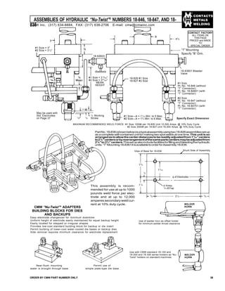 CONTACTS
METALS
WELDING
ASSEMBLIES OF HYDRAULIC “Nu-Twist”®
NUMBERS 18-846, 18-847, AND 18-
836
ORDER BY CMW PART NUMBER ONLY 39
3
#1 Size = 3"
#2 Size = 31
/2"
#1 Size = 313
/64"
#2 Size = 361
/64"
MEAN
HEIGHT
1
/4 Working
Stroke1
/8
1
/4
18-83603
May be used with
Std. Electrodes
on Page 37
B
43
/4
“T” Mounting
Specify “B” Dim.
18-826 #1 Size
18-827 #2 Size
18-83601 Bleeder
Valve
#1 Size
Pt. No. 18-846 (without
“T” Connector)
Pt. No. 18-84601 (with
“T” Connector)
#2 Size
Pt. No. 18-847 (without
“T” Connector)
Pt. No. 18-84701 (with
“T” Connector)
#1 Size—A = 11
/32 Min. to 5 Max.
#2 Size—A = 13
/4 Min. to 6 Max.
MAXIMUM RECOMMENDED WELD FORCE: #1 Size 1000# per 18-826 Unit 12,000 Amps. @ 10% Duty Cycle
#2 Size 2000# per 18-827 Unit 16,000 Amps. @ 10% Duty Cycle
PartNo.18-836(shownbelow)isatypicalassemblyusingtwo18-826assembliessetup
as a complete self-contained unit for making two spot welds at one time.Thisunitisso
arrangedastoallowthecenterdistancestobereadilyadjustedfrom11
/32"centers
to21
/4"centersorbyrearrangementofthesamepartscentersmaybeadjustedfrom
21
/4"to31
/2"centers.Thissetupalsoincludefacilitiesforfillingandbleedingthehydraulic
units.“T”Mounting18-83614isavailabletoorderforAssembly18-836.
This assembly is recom-
mended for use at up to 1000
pounds weld force per elec-
trode and at up to 12,000
amperes secondary weld cur-
rent at 10% duty cycle.
Shunt Side of AssemblyView of Base for 18-836
13
/4
17
/16
1
/4
11
/4
5
/8
5
/8 31
/2
4 Holes
1
/4-20Tap
¢ of Electrodes
CMW “Nu-Twist”®
ADAPTERS
BUILDING BLOCKS FOR DIES
AND BACKUPS
Easy electrode changeover for minimum downtime
Uniform height of electrode easily maintained for equal backup height
Easily located for stepped or irregular shapes
Provides low-cost standard building block for backup or die insert
Permit building of lower-cost water-cooled die bases or backup dies
Side removal requires minimum clearance for electrode replacement
Near-flush mounting
water is brought through base
Permit use of
simple plate-type die base
Use of welder horn as offset holder
for minimum welder throat clearance
Specify Exact Dimension
CONTACT FACTORY
ALL ITEMS ON
THIS PAGE
PRICED and MADE
TO
SPECIAL ORDER
CMW Inc. (317) 634-8884, FAX: (317) 638-2706 E-mail: cmw@cmwinc.com
Use with CMW standard 18-100 and
18-200 and 18-300 series holders as “Nu-
Twist” holders on standard machines.
 