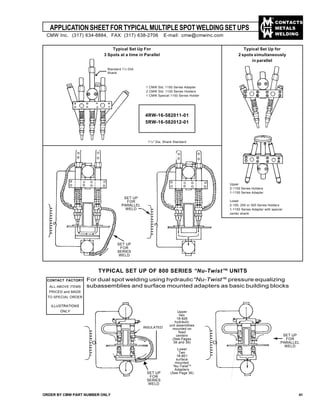 CONTACTS
METALS
WELDING
APPLICATIONSHEETFORTYPICALMULTIPLESPOTWELDINGSETUPS
ORDER BY CMW PART NUMBER ONLY 41
INSULATED
Typical Set Up For
3 Spots at a time in Parallel
Typical Set Up for
2 spots simultaneously
in parallel
1 CMW Std. 1150 Series Adapter
2 CMW Std. 1100 Series Holders
1 CMW Special 1100 Series Holder
Upper
2-1100 Series Holders
1-1150 Series Adapter
Lower
2-100, 200 or 300 Series Holders
1-1150 Series Adapter with special
center shank
SET UP
FOR
PARALLEL
WELD
SET UP
FOR
SERIES
WELD
SET UP
FOR
SERIES
WELD
SET UP
FOR
PARALLEL
WELD
Upper
two
18-826
hydraulic
unit assemblies
mounted on
fixed
centers
(See Pages
38 and 39)
Lower
Two
18-801
surface
mounted
“Nu-Twist”®
Adapters
(See Page 36)
TYPICAL SET UP OF 800 SERIES “Nu-Twist”®
UNITS
For dual spot welding using hydraulic“Nu-Twist”®
pressure equalizing
subassemblies and surface mounted adapters as basic building blocks
CONTACT FACTORY
ALL ABOVE ITEMS
PRICED and MADE
TO SPECIAL ORDER
ILLUSTRATIONS
ONLY
Standard 11
/4 DIA.
Shank
4RW-16-582011-01
5RW-16-582012-01
11
/4" Dia. Shank Standard
CMW Inc. (317) 634-8884, FAX: (317) 638-2706 E-mail: cmw@cmwinc.com
 