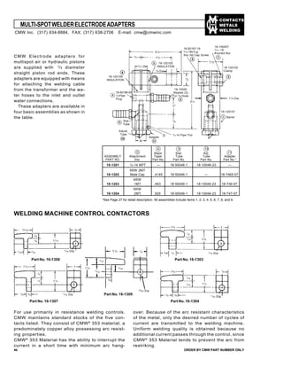 CONTACTS
METALS
WELDING
Major Stat. Adj.
ASSEMBLY Attachment Taper Tube Tube Adapter
PART NO. Dia. Part No. Part No. Part No. Part No.*
18-1201 1/2-14 NPT — 18-50046-1 18-10046-23 —
5RW 2MT
18-1202 Male Cap .4145 18-50046-1 — 18-7465-07
4RW
18-1203 1MT .463 18-50046-1 18-10046-23 18-746-07
5RW
18-1204 2MT .625 18-50046-1 18-10046-23 18-747-07
MULTI-SPOTWELDERELECTRODEADAPTERS
44 ORDER BY CMW PART NUMBER ONLY
CMW Electrode adapters for
multispot air or hydraulic pistons
are supplied with 3
/4 diameter
straight piston rod ends. These
adapters are equipped with means
for attaching the welding cable
from the transformer and the wa-
ter hoses to the inlet and outlet
water connections.
These adapters are available in
four basic assemblies as shown in
the table.
D
A
31
/4
17
/8
3
/4
11/2
3¦4
31
/2
7/8
1"
3
/4 I.D.
5
/8 Dia.
11
/8 Dia.
18-120106
INSULATION
18-82168-02
1
/8 Pipe
Plug
Stat.
Tube
Adjust.
Tube
Adapter
1
/2-14 Pipe Thd.
18-120101
Barrel
18-120102
Clamp
18-120105
INSULATION
18-10050
Nipples (2)
For 3
/8 Hose
18-82167-16
5
/16-18x1Lg
Soc Hd Cap Screw
18-100007
5
/16 -18
Knurled Nut
9
11
10
D
A
*See Page 27 for detail description. All assemblies include items 1, 2, 3, 4, 5, 6, 7, 8, and 9.
WELDING MACHINE CONTROL CONTACTORS
15
/16
3
/4
3
/8
3
/8
11
/16
11
/32 Dia.
11
/16
13
/4 1
13
/8
7
/16 Dia.
7
/16
1
/2
5
/8
1
/2
11
/2
1
/2
1
/2 11
/2
3
/8
7
/8
11
/32 Dia.
1
7
/8
25
/64 Dia.
13
/16
11
/4
7
/16
15
/32
3
/8
11/4
15
/8
7
/16
7
/16
11
/4
11
/32 Dia.
3
/8
7
/8
7
/8
Part No. 16-1309
Part No. 16-1307
Part No. 16-1306 Part No. 16-1303
Part No. 16-1304
For use primarily in resistance welding controls.
CMW maintains standard stocks of the five con-
tacts listed. They consist of CMW®
353 material, a
predominately copper alloy possessing arc resist-
ing properties.
CMW®
353 Material has the ability to interrupt the
current in a short time with minimum arc hang-
over. Because of the arc resistant characteristics
of the metal, only the desired number of cycles of
current are transmitted to the welding machine.
Uniform welding quality is obtained because no
additional current passes through the control, since
CMW®
353 Material tends to prevent the arc from
restriking.
CMW Inc. (317) 634-8884, FAX: (317) 638-2706 E-mail: cmw@cmwinc.com
5
/16
 
