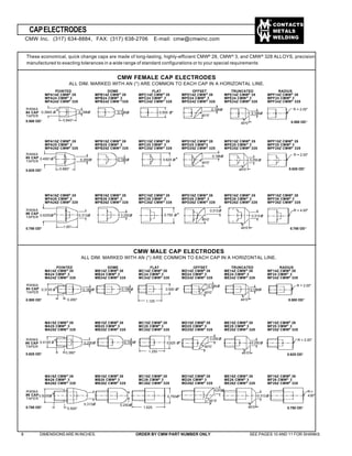 CONTACTS
METALS
WELDING
CMW FEMALE CAP ELECTRODES
ALL DIM. MARKED WITH AN (*) ARE COMMON TO EACH CAP IN A HORIZONTAL LINE.
POINTED
MPA14Z CMW®
28
MPA24 CMW®
3
MPA24Z CMW®
328
DOME
MPB14Z CMW®
28
MPB24 CMW®
3
MPB24Z CMW ®
328
FLAT
MPC14Z CMW®
28
MPC24 CMW®
3
MPC24Z CMW®
328
OFFSET
MPD14Z CMW®
28
MPD24 CMW®
3
MPD24Z CMW®
328
TRUNCATED
MPE14Z CMW®
28
MPE24 CMW®
3
MPE24Z CMW®
328
RADIUS
MPF14Z CMW®
28
MPF24 CMW®
3
MPF24Z CMW®
328
RWMA
#4 CAP
TAPER
MPA15Z CMW®
28
MPA25 CMW®
3
MPA25Z CMW®
328
MPB15Z CMW®
28
MPB25 CMW®
3
MPB25Z CMW®
328
MPC15Z CMW®
28
MPC25 CMW®
3
MPC25Z CMW®
328
MPD15Z CMW®
28
MPD25 CMW®
3
MPD25Z CMW®
328
MPE15Z CMW®
28
MPE25 CMW®
3
MPE25Z CMW®
328
MPF15Z CMW®
28
MPF25 CMW®
3
MPF25Z CMW®
328
CMW MALE CAP ELECTRODES
ALL DIM. MARKED WITH AN (*) ARE COMMON TO EACH CAP IN A HORIZONTAL LINE.
POINTED
MA14Z CMW®
28
MA24 CMW®
3
MA24Z CMW®
328
FLAT
MC14Z CMW®
28
MC24 CMW®
3
MC24Z CMW®
328
OFFSET
MD14Z CMW®
28
MD24 CMW®
3
MD24Z CMW®
328
TRUNCATED
ME14Z CMW®
28
ME24 CMW®
3
ME24Z CMW®
328
RADIUS
MF14Z CMW®
28
MF24 CMW®
3
MF24Z CMW®
328
DOME
MB14Z CMW®
28
MB24 CMW®
3
MB24Z CMW®
328
RWMA
#4 CAP
TAPER
MB15Z CMW®
28
MB25 CMW®
3
MB25Z CMW®
328
MC15Z CMW®
28
MC25 CMW®
3
MC25Z CMW®
328
MD15Z CMW®
28
MD25 CMW®
3
MD25Z CMW®
328
ME15Z CMW®
28
ME25 CMW®
3
ME25Z CMW®
328
MF15Z CMW®
28
MF25 CMW®
3
MF25Z CMW®
328
MA15Z CMW®
28
MA25 CMW®
3
MA25Z CMW®
328
RWMA
#5 CAP
TAPER
MB16Z CMW®
28
MB26 CMW®
3
MB26Z CMW®
328
MC16Z CMW®
28
MC26 CMW®
3
MC26Z CMW®
328
MD16Z CMW®
28
MD26 CMW®
3
MD26Z CMW®
328
ME16Z CMW®
28
ME26 CMW®
3
ME26Z CMW®
328
MF16Z CMW®
28
MF26 CMW®
3
MF26Z CMW®
328
MA16Z CMW®
28
MA26 CMW®
3
MA26Z CMW®
328
RWMA
#6 CAP
TAPER
RWMA
#5 CAP
TAPER
MPA16Z CMW®
28
MPA26 CMW®
3
MPA26Z CMW®
328
MPB16Z CMW®
28
MPB26 CMW®
3
MPB26Z CMW®
328
MPC16Z CMW®
28
MPC26 CMW®
3
MPC26Z CMW®
328
MPD16Z CMW®
28
MPD26 CMW®
3
MPD26Z CMW®
328
MPE16Z CMW®
28
MPE26 CMW®
3
MPE26Z CMW®
328
MPF16Z CMW®
28
MPF26 CMW®
3
MPF26Z CMW®
328
CAPELECTRODES
8 DIMENSIONS ARE IN INCHES. ORDER BY CMW PART NUMBER ONLY SEE PAGES 10 AND 11 FOR SHANKS
These economical, quick change caps are made of long-lasting, highly-efficient CMW®
28, CMW®
3, and CMW®
328 ALLOYS, precision
manufactured to exacting tolerances in a wide range of standard configurations or to your special requirements
CMW Inc. (317) 634-8884, FAX: (317) 638-2706 E-mail: cmw@cmwinc.com
0.500 OD*
0.188ø
R = 2.00"
0.500 OD*
0.4951ø*
0.625 OD*
0.250ø
0.880*
0.188ø
40o
0'
0.250ø
45o
0'
R = 2.00"
0.625 OD*
RWMA
#6 CAP
TAPER
0.750 OD* 0.750 OD*
0.500 OD*
R = 2.00"
0.500 OD*
0.625 OD* 0.625 OD*
R = 2.00"
0.750 OD* 0.750 OD*
0.3945 ø* 0.188ø 0.500 ø*
0.188ø
40o
0'
0.188ø
45o
0'
0.188ø 0.625 ø*
0.6255ø* 0.313ø
1.00*
0.250ø 0.750 ø*
0.313ø
45o
0'
0.313ø
45o
0'
R = 4.00"
0.188ø 0.500 ø*
1.125
0.188ø
40o
0'
0.188ø
45o
0'
0.188ø 0.625 ø*
1.250
0.250ø
40o
0'
0.250ø
45o
0'
0.250ø
0.750ø*
1.625
45o
0'
0.313ø
0.313ø
45o
0'
R =
4.00"
0.250ø0.4145 ø*
0.390*
0.313ø
0.5005ø*
0.500*
0.188ø0.3745 ø*
0.285*
0.840*
 