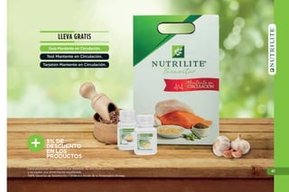 37
37
DEPORTEYENERGÍA
DESESTRÉSATE
CON NUTRILITE™
Estos productos son suplementos dietarios, no son medicamentos
y no suplen una alimentación equilibrada.
100% Garantía de Satisfacción / Ordena a través de tu Empresario Amway.
• No. de Artículo 245480
• Contiene:
1 Daily con 30 tabletas.
(5% de descuento)
Registro Sanitario: SD2008-0000755
1 Complejo Natural B con 90 tabletas.
(5% de descuento)
Registro Sanitario: SD2008-0000848
• LLEVA GRATIS:
Guía Manténte en Circulación
Test Manténte en Circulación
Tarjetón Manténte en Circulación
Toma las cantidades indicadas de
cada producto y sigue la guía de
ejercicios.
56.810$
Básico para recuperarse del estrés
de un estilo de vida agitado. Inclu-
ye Daily para un óptimo balance de
energía y Complejo Natural B, con
vitaminas que ayudan a liberar la
energía de los carbohidratos, grasas
y proteínas. Además de consejos
para mantenerte activo.
Paquete Energía Activa
• ENERGÍA
• DESEMPEÑO
• RENDIMIENTO
 