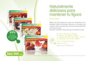 Bebida de fácil preparación para una alimentación ba-
lanceada. Aporta nutrientes, vitaminas y minerales que
nuestro cuerpo necesita para funcionar adecuadamente
y es baja en grasa.
Sabores: Caramelo, Fresa, Banano y Cookies & Cream.
Cont. 12 sobres de 45 g c/u.
A.- Fresa - No. de Art. 106672
B.- Banano - No. de Art. 106686
C.- Cookies & Cream - No. de Art. 106673
D.- Caramelo - No. de Art. 106687
Naturalmente
deliciosos para
mantener tu figura
Nutrishake
B
D
C
A
Registro Sanitario: RSiA02134709
$66.900 c/u
Mézclalo con agua.
20%
de calcio
recomendado
para la ingesta
diaria*
* De acuerdo con la Ingesta Diaria Recomendada, establecida por el Ministerio de la Protección Social.16
 