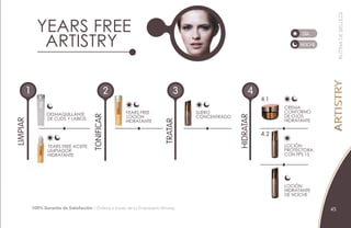 45
RUTINADEBELLEZA
DÍA
NOCHE
YEARS FREE
ARTISTRY
LIMPIAR
1
TONIFICAR
2
HIDRATAR
3
DESMAQUILLANTE
DE OJOS Y LABIOS
YEARS FREE
LOCIÓN
HIDRATANTE
YEARS FREE ACEITE
LIMPIADOR
HIDRATANTE
TRATAR
4
4.1
4.2
CREMA
CONTORNO
DE OJOS
HIDRATANTE
LOCIÓN
PROTECTORA
CON FPS 15
SUERO
CONCENTRADO
LOCIÓN
HIDRATANTE
DE NOCHE
100% Garantía de Satisfacción / Ordena a través de tu Empresario Amway.
 
