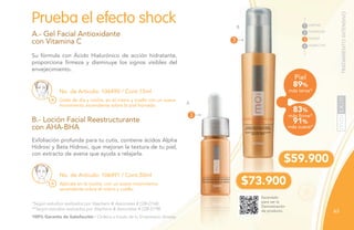 63
TRATAMIENTOINTENSIVO
No. de Artículo: 106490 / Cont.15ml
No. de Artículo: 106491 / Cont.50ml
Su fórmula con Ácido Hialurónico de acción hidratante,
proporciona firmeza y disminuye los signos visibles del
envejecimiento.
Exfoliación profunda para tu cutis, contiene ácidos Alpha
Hidroxi y Beta Hidroxi, que mejoran la textura de tu piel,
con extracto de avena que ayuda a relajarla.
Prueba el efecto shock
A.- Gel Facial Antioxidante
con Vitamina C
B.- Loción Facial Reestructurante
con AHA-BHA
Úsalo de día y noche, en el rostro y cuello con un suave
movimiento ascendente sobre la piel húmeda.
Aplícala en la noche, con un suave movimiento
ascendente sobre el rostro y cuello.
*Según estudios realizados por Stephens & Associates # C08-D168.
**Según estudios realizados por Stephens & Associates # C08-D198.
Escanéalo
para ver la
Demostración
de producto.
$59.900
Piel
89%
más tersa*
83%
91%
más firme*
más suave*
$73.900
A
B
3
3
LIMPIAR
TONIFICAR
TRATAR
1
2
3
4 HUMECTAR
100% Garantía de Satisfacción / Ordena a través de tu Empresario Amway.
 