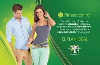 Controla tus calorías de
manera saludable, integra a
tu programa una alimentación
balanceada, actividad física,
suplementación y motivación.
EL PLAN IDEAL
Fitness control1
1934 2014
88
 