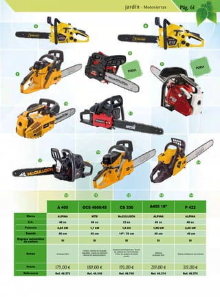 8
9
10
10
12
12
11
11
13
13
14
14
65
7
Pág. 61
A 405 GCS 4600/45 CS 330 A455 18” P 422
Marca ALPINA MTD McCULLOCH ALPINA ALPINA
C.C. 40 cc 46 cc 33 cc 45 cc 40 cc
Potencia 0,85 kW 1,7 kW 1,6 CV 1,90 kW 2,00 kW
Espada 40 cm 45 cm 14” / 35 cm 45 cm 40 cm
Engrase automático
de cadena SI SI SI SI SI
Extras Arranque fácil
Carlton, bomba de engrase
regulable, cuerpo en aluminio
válvula de descompresión.
Sistema antivibraciones. Tensor
de cadena sin herramientas.
Freno de cadena de doble
pivote.
Sistema
arranque fácil
Gama profesional uso intenso
Precio 179,00 € 189,00 € 195,00 € 219,00 € 319,00 €
Referencia Ref. 46.373 Ref. 46.345 Ref. 46.740 Ref. 46.374 Ref. 46.375
jardín · Motosierras
PODA
PODA
 