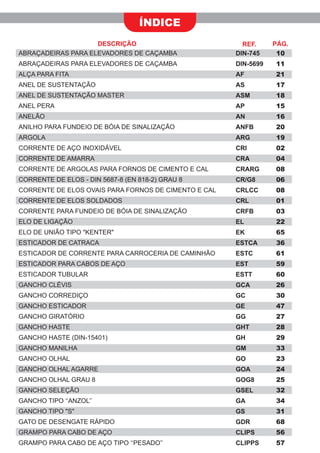 ÍNDICE
ABRAÇADEIRAS PARA ELEVADORES DE CAÇAMBA
ABRAÇADEIRAS PARA ELEVADORES DE CAÇAMBA
ALÇA PARA FITA
ANEL DE SUSTENTAÇÃO
ANEL DE SUSTENTAÇÃO MASTER
ANEL PERA
ANELÃO
ANILHO PARA FUNDEIO DE BÓIA DE SINALIZAÇÃO
ARGOLA
CORRENTE DE AÇO INOXIDÁVEL
CORRENTE DE AMARRA
CORRENTE DE ARGOLAS PARA FORNOS DE CIMENTO E CAL
CORRENTE DE ELOS - DIN 5687-8 (EN 818-2) GRAU 8
CORRENTE DE ELOS OVAIS PARA FORNOS DE CIMENTO E CAL
CORRENTE DE ELOS SOLDADOS
CORRENTE PARA FUNDEIO DE BÓIA DE SINALIZAÇÃO
ELO DE LIGAÇÃO
ELO DE UNIÃO TIPO "KENTER"
ESTICADOR DE CATRACA
ESTICADOR DE CORRENTE PARA CARROCERIA DE CAMINHÃO
ESTICADOR PARA CABOS DE AÇO
ESTICADOR TUBULAR
GANCHO CLÉVIS
GANCHO CORREDIÇO
GANCHO ESTICADOR
GANCHO GIRATÓRIO
GANCHO HASTE
GANCHO HASTE (DIN-15401)
GANCHO MANILHA
GANCHO OLHAL
GANCHO OLHAL AGARRE
GANCHO OLHAL GRAU 8
GANCHO SELEÇÃO
GANCHO TIPO ‘‘ANZOL’’
GANCHO TIPO "S"
GATO DE DESENGATE RÁPIDO
GRAMPO PARA CABO DE AÇO
GRAMPO PARA CABO DE AÇO TIPO ‘‘PESADO’’
DIN-745
DIN-5699
AF
AS
ASM
AP
AN
ANFB
ARG
CRI
CRA
CRARG
CR/G8
CRLCC
CRL
CRFB
EL
EK
ESTCA
ESTC
EST
ESTT
GCA
GC
GE
GG
GHT
GH
GM
GO
GOA
GOG8
GSEL
GA
GS
GDR
CLIPS
CLIPPS
10
11
21
17
18
15
16
20
19
02
04
08
06
08
01
03
22
65
36
61
59
60
26
30
47
27
28
29
33
23
24
25
32
34
31
68
56
57
DESCRIÇÃO REF. PÁG.
 