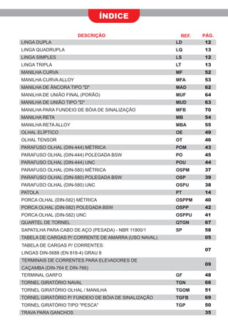 LINGA DUPLA
LINGA QUADRUPLA
LINGA SIMPLES
LINGA TRIPLA
MANILHA CURVA
MANILHA CURVA ALLOY
MANILHA DE ÂNCORA TIPO "D"
MANILHA DE UNIÃO FINAL (PORÃO)
MANILHA DE UNIÃO TIPO "D"
MANILHA PARA FUNDEIO DE BÓIA DE SINALIZAÇÃO
MANILHA RETA
MANILHA RETA ALLOY
OLHAL ELÍPTICO
OLHAL TENSOR
PARAFUSO OLHAL (DIN-444) MÉTRICA
PARAFUSO OLHAL (DIN-444) POLEGADA BSW
PARAFUSO OLHAL (DIN-444) UNC
PARAFUSO OLHAL (DIN-580) MÉTRICA
PARAFUSO OLHAL (DIN-580) POLEGADA BSW
PARAFUSO OLHAL (DIN-580) UNC
PATOLA
PORCA OLHAL (DIN-582) MÉTRICA
PORCA OLHAL (DIN-582) POLEGADA BSW
PORCA OLHAL (DIN-582) UNC
QUARTEL DE TORNEL
SAPATILHA PARA CABO DE AÇO (PESADA) - NBR 11900/1
TABELA DE CARGAS P/ CORRENTE DE AMARRA (USO NAVAL)
TERMINAL GARFO
TORNEL GIRATÓRIO NAVAL
TORNEL GIRATÓRIO OLHAL / MANILHA
TORNEL GIRATÓRIO P/ FUNDEIO DE BÓIA DE SINALIZAÇÃO
TORNEL GIRATÓRIO TIPO "PESCA"
TRAVA PARA GANCHOS
LD
LQ
LS
LT
MF
MFA
MAD
MUF
MUD
MFB
MB
MBA
OE
OT
POM
PO
POU
OSPM
OSP
OSPU
PT
OSPPM
OSPP
OSPPU
QTGN
SP
GF
TGN
TGOM
TGFB
TGP
TABELA DE CARGAS P/ CORRENTES:
LINGAS DIN-5688 (EN 818-4) GRAU 8
TERMINAIS DE CORRENTES PARA ELEVADORES DE
CAÇAMBA (DIN-764 E DIN-766)
12
13
12
13
52
53
62
64
63
70
54
55
49
46
43
45
44
37
39
38
14
40
42
41
67
58
05
48
66
51
69
50
35
07
09
ÍNDICE
DESCRIÇÃO REF. PÁG.
 