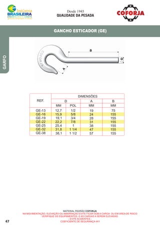47
GARFO
GANCHO ESTICADOR (GE)
MATERIAL PADRÃO COFORJA
NA MOVIMENTAÇÃO, ELEVAÇÃO OU AMARRAÇÃO EVITE FICAR SOB A CARGA OU EM ÁREA DE RISCO
VERIFIQUE OS EQUIPAMENTOS E AS CARGAS A SEREM ELEVADAS.
- EVITE ACIDENTES -
COEFICIENTE DE SEGURANÇA 4X1
Desde 1945
QUALIDADE DA PESADA
REF. BAD
GE-13
GE-16
GE-19
GE-22
GE-25
GE-32
GE-38
12,7
15,9
19,1
22,2
25,4
31,8
19
24
28
31
38
47
75
155
155
155
155
155
38,1 57 155
1/2
5/8
3/4
7/8
1
1 1/4
1 1/2
DIMENSÕES
MM MM MMPOL
 
