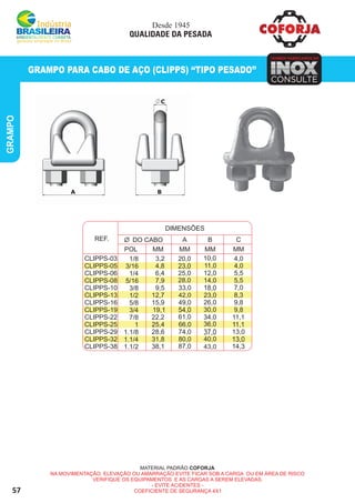 57
INOXINOXINOX
TAMBÉM FABRICAMOS EM
CONSULTE
GRAMPO
MATERIAL PADRÃO COFORJA
NA MOVIMENTAÇÃO, ELEVAÇÃO OU AMARRAÇÃO EVITE FICAR SOB A CARGA OU EM ÁREA DE RISCO
VERIFIQUE OS EQUIPAMENTOS E AS CARGAS A SEREM ELEVADAS.
- EVITE ACIDENTES -
COEFICIENTE DE SEGURANÇA 4X1
1/8
3/16
1/4
5/16
3/8
1/2
5/8
3/4
7/8
1
1.1/8
1.1/4
1.1/2
CLIPPS-03
CLIPPS-05
CLIPPS-06
CLIPPS-08
CLIPPS-10
CLIPPS-13
CLIPPS-16
CLIPPS-19
CLIPPS-22
CLIPPS-25
CLIPPS-29
CLIPPS-32
CLIPPS-38
20,0
23,0
25,0
28,0
33,0
42,0
49,0
54,0
61,0
66,0
74,0
80,0
87,0
4,0
4,0
5,5
5,5
7,0
8,3
9,8
9,8
11,1
11,1
13,0
13,0
14,3
3,2
4,8
6,4
7,9
9,5
12,7
15,9
19,1
22,2
25,4
28,6
31,8
38,1
REF. A B
POL
DIMENSÕES
C
MM
10,0
11,0
12,0
14,0
18,0
23,0
26,0
30,0
34,0
36,0
37,0
40,0
43,0
MM MM MM
GRAMPO PARA CABO DE AÇO (CLIPPS) ‘‘TIPO PESADO’’
Desde 1945
QUALIDADE DA PESADA
DO CABO
 