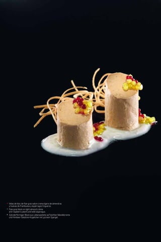 Patés y productos derivados de pato y oca
                                        Duck and goose pates and products
                                        Pasteten und Produkte von Enten und Gänsen   16
                                        Desde 1982
                                        Since 1982
                                        Desdeà seit 1982




* Velas de bloc de foie gras sobre crema ligera de almendras
  y huevas de frambuesa y espárragos trigueros.
* Foie gras block on light almond crème
  and raspberry pearls and wild asparagus.
* Zylinderförmiger Block aus Leberpastete auf leichter Mandelcreme
  und Himbeer-Gelatine-Kügelchen mit grünem Spargel.
 
