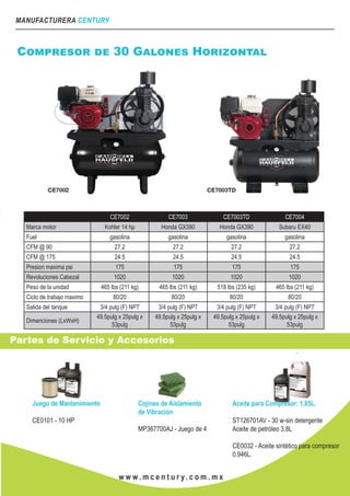 MANUFACTURERA CENTURY
w w w . m c e n t u r y. c o m . m x
Compresor de 30 Galones Horizontal
Partes de Servicio y Accesorios
Juego de Mantenimiento
CE0101 - 10 HP
Cojines de Aislamiento
de Vibración
MP367700AJ - Juego de 4
Aceite para Compresor: 1.85L.
ST126701AV - 30 w-sin detergente
Aceite de petróleo 3.8L
CE0032 - Aceite sintético para compresor
0.946L.
CE7002 CE7003 CE7003TD CE7004
Marca motor Kohler 14 hp Honda GX390 Honda GX390 Subaru EX40
Fuel gasolina gasolina gasolina gasolina
CFM @ 90 27.2 27.2 27.2 27.2
CFM @ 175 24.5 24.5 24.5 24.5
Presion maxima psi 175 175 175 175
Revoluciones Cabezal 1020 1020 1020 1020
Peso de la unidad 465 lbs (211 kg) 465 lbs (211 kg) 518 lbs (235 kg) 465 lbs (211 kg)
Ciclo de trabajo maximo 80/20 80/20 80/20 80/20
Salida del tanque 3/4 pulg (F) NPT 3/4 pulg (F) NPT 3/4 pulg (F) NPT 3/4 pulg (F) NPT
Dimenciones (LxWxH)
49.5pulg x 25pulg x
53pulg
49.5pulg x 25pulg x
53pulg
49.5pulg x 25pulg x
53pulg
49.5pulg x 25pulg x
53pulg
 