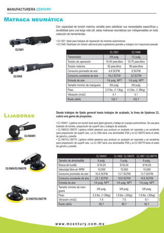 MANUFACTURERA CENTURY
w w w . m c e n t u r y. c o m . m x
Matraca neumática
Con capacidad de torsión máxima variable para satisfacer sus necesidades específicas y
durabilidad para una larga vida útil, estas matracas neumáticas son indispensables en toda
colección de herramientas.
• CL1501: Ideal para trabajos de reparación de motores automotrices
• CL1548: Diseñada con torsión adicional para sujetadores grandes y trabajos con maquinaria pesada
CL1501 CL1548
Transmisión 3/8 pulg. 1/2 pulg.
Torsión de operación 10-45 pies-libra 10-75 pies-libra
Torsión máxima 55 pies-libra 90 pies-libra
Consumo promedio de aire 4.8 SCFM 8 SCFM
Consumo constante de aire 19.2 SCFM 32 SCFM
Entrada de aire 1/4 pulg. NPT 1/4 pulg. NPT
Tamaño mínimo de manguera 3/8 pulg. 3/8 pulg.
Peso 2.5 lbs. (1.13kg) 4.3 lbs. (1.95kg)
Vibración (m/s2) 4.1 4.1
Ruido (dbA) 102.7 102.7
Lijadoras
Desde trabajos de lijado general hasta trabajos de acabado, la línea de lijadoras CL
cubre una gama de proyectos.
• CL150401: Lijadora con acción dual para lijado general y trabajo en cuerpos automotrices. Se usa para
biselado de bordes, preparación de superfi cies y trabajos de acabado
• CL1565/CL156570: Lijadora orbital aleatoria que produce un acabado sin espirales y es excelente
para preparación de superfi cies. La CL1565 tiene una almohadilla PSA y la CL156570 tiene el estilo
de gancho y presilla
• CL1567/CL156770: Lijadora orbital aleatoria que produce un acabado sin espirales y es excelente
para preparación de superfi cies. La CL1567 tiene una almohadilla PSA y la CL156770 tiene el estilo
de gancho y presilla
CL150401 CL1565/ CL156570 CL1567 / CL156770
Tamaño de almohadilla 6 pulg. 5 pulg. 6 pulg.
Rosca de husillo 5/16-24 5/16-24 5/16-24
Velocidad libre en RPM 10,000 10,000 10,000
Consumo promedio de aire 16.5 SCFM 13.7 SCFM 13.7 SCFM
Consumo constante de aire 23.1 SCFM 19.6 SCFM 19.6 SCFM
Entrada de aire 1/4 pulg. NPT 1/4 pulg. NPT 1/4 pulg. NPT
Tamaño mínimo de man-
guera
3/8 pulg. 3/8 pulg. 3/8 pulg.
Peso 3.5 lbs. (1.59kg) 1.8 lbs. (.82kg) 1.8 lbs. (.82kg)
Vibración (m/s2) 7.4 7.0 8.1
Ruido (dbA) 85.7 85.7 85.7
 