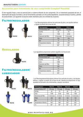 MANUFACTURERA CENTURY
w w w . m c e n t u r y. c o m . m x
Accesorios para tratamiento de aire comprimido Campbell Hausfeld
El aire regulado limpio y seco es esencial para un sistema eficiente de aire comprimido. Sin un tratamiento apropiado del aire, el
desempeño del equipo neumático y de las herramientas operadas con aire puede degradarse, causando tiempos muertos y pérdida
de productividad. Los siguientes accesorios están diseñados para una variedad de proyectos.
Filtro/regulador
• Los filtros/reguladores eliminan las partículas de polvo y los líquidos dañinos
y regulan la presión de la línea de aire.
Filtro/regulador PA2103 PA2113
Entrada/Salida NPT 3/8 pulg. 1/2 pulg.
SCFM 42 75
l/min. 1189 2124
Elemento del filtro 5 micrones 5 micrones
PSIG 250 250
Bar 17 17
Temperatura máxima 140° 140°
°C 60° 60°
Regulador
• Los reguladores proporcionan presión regulada a la línea de aire
Filtro/regulador PA2101
Entrada/Salida NPT 3/8 pulg.
SCFM 48
l/min. 1359
Elemento del filtro NA
PSIG 250
Bar 17
Temperatura máxima 140°
°C 60°
Filtro/regulador/
lubricador
• Los filtros/reguladores/lubricadores eliminan las partículas de polvo y los líquidos
dañinos y regulan la presión de la línea de aire, además de proporcionar un flujo
ajustable de lubricante a las herramientas y equipos neumáticos
Filtro/regulador PA2104 PA2114 PA2125 PA2078
Entrada/Salida NPT 3/8 pulg. 1/2 pulg 3/8 pulg. 3/8 pulg.
SCFM 42 75 42 42
l/min. 1189 2124 1190 1190
Elemento del filtro 5 micrones 5 micron 5 micron 5 micrones
PSIG 250 250 150 150
Bar 17 17 10 10
Temperatura máxima 140° 140° 125° 125°
°C 60° 60° 52° 52°
 