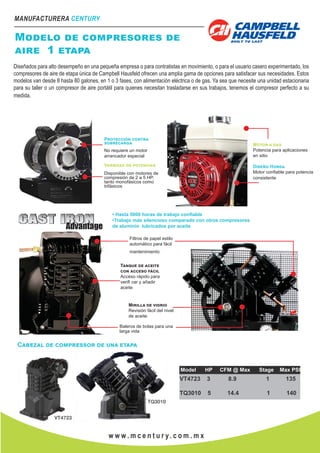 MANUFACTURERA CENTURY
w w w . m c e n t u r y. c o m . m x
Modelo de compresores de
aire 1 etapa
Diseñados para alto desempeño en una pequeña empresa o para contratistas en movimiento, o para el usuario casero experimentado, los
compresores de aire de etapa única de Campbell Hausfeld ofrecen una amplia gama de opciones para satisfacer sus necesidades. Estos
modelos van desde 8 hasta 80 galones, en 1 o 3 fases, con alimentación eléctrica o de gas. Ya sea que necesite una unidad estacionaria
para su taller o un compresor de aire portátil para quienes necesitan trasladarse en sus trabajos, tenemos el compresor perfecto a su
medida.
Protección contra
sobrecarga
No requiere un motor
arrancador especial
Variedad de potencias
Disponible con motores de
compresión de 2 a 5 HP,
tanto monofásicos como
trifásicos
Motor a gas
Potencia para aplicaciones
en sitio
Diseño Honda
Motor conﬁable para potencia
consistente
• Hasta 5000 horas de trabajo confiable
•Trabajo más silencioso comparado con otros compresores
de aluminio lubricados por aceite
Filtros de papel estilo
automático para fácil
mantenimiento
Tanque de aceite
con acceso fácil
Acceso rápido para
veriﬁ car y añadir
aceite
Mirilla de vidrio
Revisión fácil del nivel
de aceite
Baleros de bolas para una
larga vida
Cabezal de compressor de una etapa
Model HP CFM @ Max Stage Max PSI
VT4723 3 8.9 1 135
TQ3010 5 14.4 1 140
 
