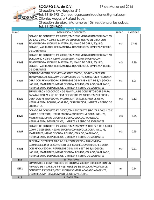 Catalogo conceptos casa habitacion 2 pisos