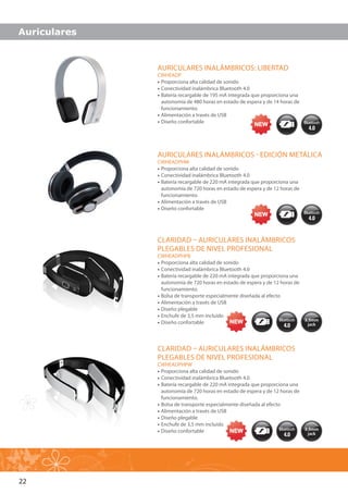 22
Auriculares
CLARIDAD – AURICULARES INALÁMBRICOS
PLEGABLES DE NIVEL PROFESIONAL
CWHEADPHPW
•• Proporciona alta calidad de sonido
•• Conectividad inalámbrica Bluetooth 4.0
•• Batería recargable de 220 mA integrada que proporciona una
autonomía de 720 horas en estado de espera y de 12 horas de
funcionamiento.
•• Bolsa de transporte especialmente diseñada al efecto
•• Alimentación a través de USB
•• Diseño plegable
•• Enchufe de 3,5 mm incluido
•• Diseño confortable
CLARIDAD – AURICULARES INALÁMBRICOS
PLEGABLES DE NIVEL PROFESIONAL
CWHEADPHPB
•• Proporciona alta calidad de sonido
•• Conectividad inalámbrica Bluetooth 4.0
•• Batería recargable de 220 mA integrada que proporciona una
autonomía de 720 horas en estado de espera y de 12 horas de
funcionamiento.
•• Bolsa de transporte especialmente diseñada al efecto
•• Alimentación a través de USB
•• Diseño plegable
•• Enchufe de 3,5 mm incluido
•• Diseño confortable
AURICULARES INALÁMBRICOS - EDICIÓN METÁLICA
CWHEADPHM
•• Proporciona alta calidad de sonido
•• Conectividad inalámbrica Bluetooth 4.0
•• Batería recargable de 220 mA integrada que proporciona una
autonomía de 720 horas en estado de espera y de 12 horas de
funcionamiento.
•• Alimentación a través de USB
•• Diseño confortable
AURICULARES INALÁMBRICOS: LIBERTAD
CWHEADP
•• 	Proporciona alta calidad de sonido
•• Conectividad inalámbrica Bluetooth 4.0
•• Batería recargable de 195 mA integrada que proporciona una
autonomía de 480 horas en estado de espera y de 14 horas de
funcionamiento.
•• Alimentación a través de USB
•• Diseño confortable
 