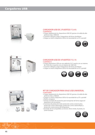 46
Cargadores USB
CARGADOR USB DE 4 PUERTOS Y 5.1 A
CUSBPWR51A
•• Cargue dispositivos USB con una salida de 5 V (1 puerto con un máximo
de 2100 mA y 3 puertos con un máximo de 1000 mA)
•• 4 puertos USB para cargar 4 dispositivos de forma simultánea
•• Cargue su móvil o dispositivo USB sin la necesidad de su PC o portátil
CARGADOR USB DE 2 PUERTOS Y 3.4 A
CUSBPWR34A
•• Cargue rápidamente los dispositivos USB (5V) gracias a la salida de alta
potencia (máx. 3400mA)
•• 2 puertos USB para cargar 2 dispositivos de forma simultánea
•• Cargue su móvil o dispositivo USB sin la necesidad de su PC o portátil
KIT DE CARGADOR PARA VIAJE USB UNIVERSAL
CUSBCHARKIT
•• Cargue rápidamente los dispositivos USB (5V) gracias a la salida de alta
potencia (máx. 2100mA)
•• Cargue su móvil o dispositivo USB sin la necesidad de su PC o portátil
•• Diseño compacto
•• Incluye una bolsa de accesorios para transportar de forma segura el
dispositivo y los accesorios
•• Funciones de protección total: protección contra cortocircuitos,
protección contra sobrecargas, protección contra sobrevoltajes y
protección contra exceso de temperatura
•• Enchufes de CA compatibles con EE.UU., Reino Unido, Australia y la
Unión Europea
 