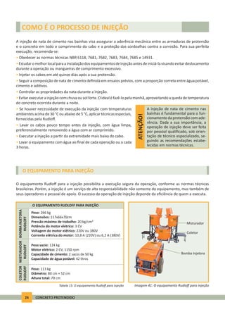 24 CONCRETO PROTENDIDO
A injeção de nata de cimento nas bainhas visa assegurar a aderência mecânica entre as armaduras de protensão
e o concreto em todo o comprimento do cabo e a proteção das cordoalhas contra a corrosão. Para sua perfeita
execução, recomenda-se:
• Obedecer as normas técnicas NBR 6118, 7681, 7682, 7683, 7684, 7685 e 14931.
•Estudaromelhorlocalparaainstalaçãodosequipamentosdeinjeçãoantesdeiniciá-lavisandoevitardeslocamento
durante a operação ou mangueiras de comprimento excessivo.
• Injetar os cabos em até quinze dias após a sua protensão.
• Seguir a composição de nata de cimento deﬁnida em ensaios prévios, com a proporção correta entre água potável,
cimento e adi vos.
• Controlar as propriedades da nata durante a injeção.
•Evitarexecutarainjeçãocomchuvaousolforte.Oidealéfazê-lopelamanhã,aproveitandoaquedadetemperatura
do concreto ocorrida durante a noite.
• Se houver necessidade de execução da injeção com temperaturas
ambientes acima de 30 °C ou abaixo de 5 °C, aplicar técnicas especiais,
fornecidas pela Rudloﬀ.
• Lavar os cabos pouco tempo antes da injeção, com água limpa,
preferencialmente removendo a água com ar comprimido.
• Executar a injeção a par r da extremidade mais baixa do cabo.
• Lavar o equipamento com água ao ﬁnal de cada operação ou a cada
3 horas.
COMO É O PROCESSO DE INJEÇÃO
ATENÇÃO!
A injeção de nata de cimento nas
bainhas é fundamental para o fun-
cionamento da protensão com ade-
rência. Dada a sua importância, a
operação de injeção deve ser feita
por pessoal qualiﬁcado, sob orien-
tação de técnico especializado, se-
guindo as recomendações estabe-
lecidas em normas técnicas.
O EQUIPAMENTO PARA INJEÇÃO
O equipamento Rudloﬀ para a injeção possibilita a execução segura da operação, conforme as normas técnicas
brasileiras. Porém, a injeção é um serviço de alta responsabilidade não somente do equipamento, mas também de
seus operadores e pessoal de apoio. O sucesso da operação de injeção depende da eﬁciência de quem a executa.
O EQUIPAMENTO RUDLOFF PARA INJEÇÃO
BOMBAINJETORA
RUDLOFF
MISTURADOR
RUDLOFF
COLETOR
RUDLOFF
Peso: 266 kg
Dimensões: 117x66x70cm
Pressão máxima de trabalho: 20 kg/cm²
Potência do motor elétrico: 3 CV
Voltagem do motor elétrico: 220V ou 380V
Corrente elétrica do motor: 10,8 A (220V) ou 6,2 A (380V)
Peso vazio: 124 kg
Motor elétrico: 2 CV, 1150 rpm
Capacidade de cimento: 2 sacos de 50 kg
Capacidade de água potável: 42 litros
Peso: 113 kg
Diâmetro: 80 cm + 52 cm
Altura total: 70 cm
Tabela 15: O equipamento Rudloﬀ para injeção
Coletor
Misturador
Bomba Injetora
Imagem 41: O equipamento Rudloﬀ para injeção
 