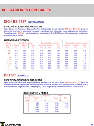 APLICACIONES ESPECIALES
ISO / BS 1387 (EXTRALIVIANO)
ESPECIFICACIONES DEL PRODUCTO
Estos tubos son fabricados bajo parámetros establecidos en las normas ISO 65 y BS 1387 pero en
diámetros externos y espesores menores, específicamente diseñados para aplicaciones especiales.
Roscados según ISO 7/1 y suministrados en longitudes de 6.00 M (20 pies). Otras longitudes pueden ser
acordadas con el cliente.
DIMENSIONES Y PESOS
Diámetro
Nominal Extremo Espesor Peso Extremo Espesor Peso Extremo Espesor Peso
Pulg. mm mm mm mm mm mm mm mm mm
1/2 20,8 2,00 0,93 20,8 2,00 0,97 20,8 2,00 0,98
3/4 26,4 2,00 1,20 26,4 2,00 1,26 26,4 2,00 1,27
1 33,2 2,30 1,75 33,2 2,30 1,82 33,2 2,30 1,84
1 1/4 41,7 2,30 2,23 41,7 2,30 2,32 41,7 2,30 2,35
1 1/2 47,8 2,30 2,58 47,8 2,30 2,68 47,8 2,30 2,72
2 59,6 2,30 3,25 59,6 2,30 3,38 59,6 2,30 3,43
2 1/2 75,6 2,60 4,68 75,6 2,60 4,84 75,6 2,60 4,89
3 88,1 2,90 6,09 88,1 2,90 6,28 88,1 2,90 6,35
4 113,0 2,90 7,87 113,0 2,90 8,12 113,0 2,90 8,25
Negro Extremos Lisos Galvanizado Extremos Lisos Galvanizado, Roscado y Acoplado
ISO SP (ESPECIAL)
ESPECIFICACIONES DEL PRODUCTO
Estos tubos son fabricados bajo parámetros establecidos en las normas ISO 65 y BS 1387 pero en
diámetros externos y espesores no contemplados en dichas normas .Son fabricados con extremos lisos y
suministrados en longitudes de 6.00 M (20 pies). Otras longitudes pueden ser acordadas con el cliente.
DIMENSIONES Y PESOS
Espesor
Nominal Externo Negro Galv,
pulg mm mm
5 139,7 3,60 12,08 12,38
6 165,1 3,60 14,34 14,69
8 219,1 4,50 23,81 24,29
10 273,0 4,50 29,81
12 323,8 4,50 35,44
Peso
kg/m
Diámetro
09
 