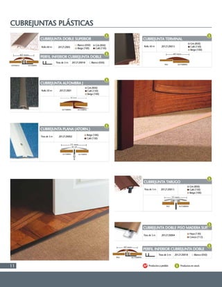 11
CUBREJUNTAS PLÁSTICAS
CUBREJUNTA DOBLE SUPERIOR
PERFIL INFERIOR CUBREJUNTA DOBLE
Rollo 60 m 201212005
2012120018Tiras de 3 m
Blanco (050) Gris (850)
Café (150)Beige (100)
CUBREJUNTA PLANA (ATORN.)
Tiras de 3 m 2012120002
Café (150)
Beige (100)
Blanco (050)
CUBREJUNTA TERMINAL
Rollo 50 m 2012120015
Gris (850)
Café (150)
Beige (100)
CUBREJUNTA ALFOMBRA J
Rollo 50 m 201212001
Gris (850)
Café (150)
Beige (100)
CUBREJUNTA DOBLE PISO MADERA SUP.
Tiras de 3 m 2012120004
Cerezo (112)
Haya (130)
PERFIL INFERIOR CUBREJUNTA DOBLE
2012120018Tiras de 3 m Blanco (050)
CUBREJUNTA TARUGO
Tiras de 3 m 2012120013
Gris (850)
Café (150)
Beige (100)
Productos en stockProductos a pedido
 