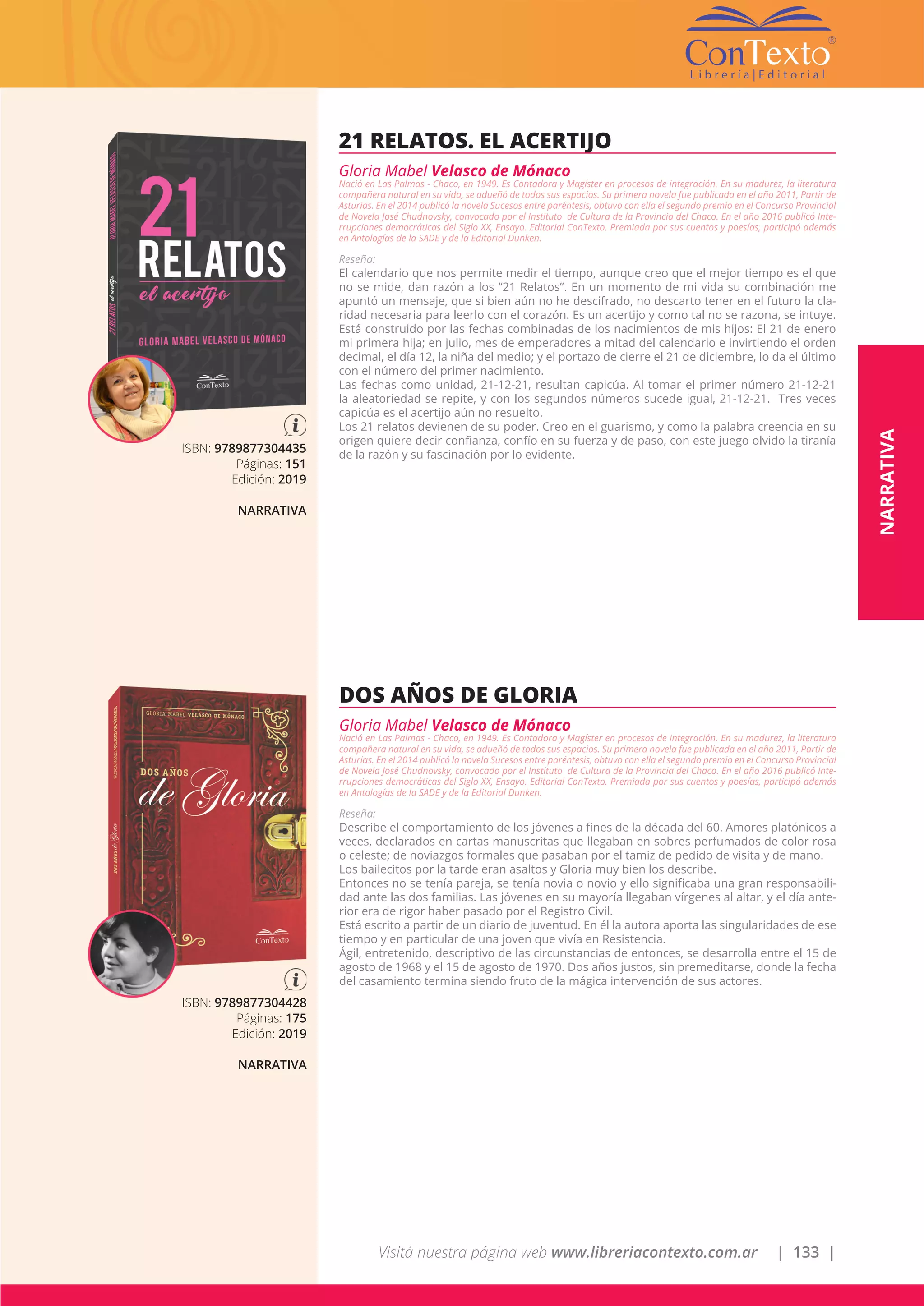 Visitá nuestra página web www.libreriacontexto.com.ar | 133 |
ISBN: 9789877304435
Páginas: 151
Edición: 2019
NARRATIVA
21 RELATOS. EL ACERTIJO
Gloria Mabel Velasco de Mónaco
Nació en Las Palmas - Chaco, en 1949. Es Contadora y Magíster en procesos de integración. En su madurez, la literatura
compañera natural en su vida, se adueñó de todos sus espacios. Su primera novela fue publicada en el año 2011, Partir de
Asturias. En el 2014 publicó la novela Sucesos entre paréntesis, obtuvo con ella el segundo premio en el Concurso Provincial
de Novela José Chudnovsky, convocado por el Instituto de Cultura de la Provincia del Chaco. En el año 2016 publicó Inte-
rrupciones democráticas del Siglo XX, Ensayo. Editorial ConTexto. Premiada por sus cuentos y poesías, participó además
en Antologías de la SADE y de la Editorial Dunken.
Reseña:
El calendario que nos permite medir el tiempo, aunque creo que el mejor tiempo es el que
no se mide, dan razón a los “21 Relatos”. En un momento de mi vida su combinación me
apuntó un mensaje, que si bien aún no he descifrado, no descarto tener en el futuro la cla-
ridad necesaria para leerlo con el corazón. Es un acertijo y como tal no se razona, se intuye.
Está construido por las fechas combinadas de los nacimientos de mis hijos: El 21 de enero
mi primera hija; en julio, mes de emperadores a mitad del calendario e invirtiendo el orden
decimal, el día 12, la niña del medio; y el portazo de cierre el 21 de diciembre, lo da el último
con el número del primer nacimiento.
Las fechas como unidad, 21-12-21, resultan capicúa. Al tomar el primer número 21-12-21
la aleatoriedad se repite, y con los segundos números sucede igual, 21-12-21. Tres veces
capicúa es el acertijo aún no resuelto.
Los 21 relatos devienen de su poder. Creo en el guarismo, y como la palabra creencia en su
origen quiere decir confianza, confío en su fuerza y de paso, con este juego olvido la tiranía
de la razón y su fascinación por lo evidente.
ISBN: 9789877304428
Páginas: 175
Edición: 2019
NARRATIVA
DOS AÑOS DE GLORIA
Gloria Mabel Velasco de Mónaco
Nació en Las Palmas - Chaco, en 1949. Es Contadora y Magíster en procesos de integración. En su madurez, la literatura
compañera natural en su vida, se adueñó de todos sus espacios. Su primera novela fue publicada en el año 2011, Partir de
Asturias. En el 2014 publicó la novela Sucesos entre paréntesis, obtuvo con ella el segundo premio en el Concurso Provincial
de Novela José Chudnovsky, convocado por el Instituto de Cultura de la Provincia del Chaco. En el año 2016 publicó Inte-
rrupciones democráticas del Siglo XX, Ensayo. Editorial ConTexto. Premiada por sus cuentos y poesías, participó además
en Antologías de la SADE y de la Editorial Dunken.
Reseña:
Describe el comportamiento de los jóvenes a fines de la década del 60. Amores platónicos a
veces, declarados en cartas manuscritas que llegaban en sobres perfumados de color rosa
o celeste; de noviazgos formales que pasaban por el tamiz de pedido de visita y de mano.
Los bailecitos por la tarde eran asaltos y Gloria muy bien los describe.
Entonces no se tenía pareja, se tenía novia o novio y ello significaba una gran responsabili-
dad ante las dos familias. Las jóvenes en su mayoría llegaban vírgenes al altar, y el día ante-
rior era de rigor haber pasado por el Registro Civil.
Está escrito a partir de un diario de juventud. En él la autora aporta las singularidades de ese
tiempo y en particular de una joven que vivía en Resistencia.
Ágil, entretenido, descriptivo de las circunstancias de entonces, se desarrolla entre el 15 de
agosto de 1968 y el 15 de agosto de 1970. Dos años justos, sin premeditarse, donde la fecha
del casamiento termina siendo fruto de la mágica intervención de sus actores.
NARRATIVA
 