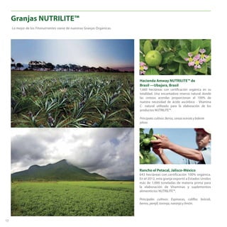 Hacienda Amway NUTRILITE™ de 
Brasil —Ubajara, Brasil 
1,660 hectáreas con certificación orgánica en su 
totalidad. Una encantadora reserva natural donde 
las cerezas acerolas proporcionan el 100% de 
nuestra necesidad de ácido ascórbico - Vitamina 
C- natural utilizado para la elaboración de los 
productos NUTRILITE™. 
Principales cultivos: Berros, cereza acerola y bidente 
piloso. 
Rancho el Petacal, Jalisco-México 
643 hectáreas con certificación 100% orgánica. 
En el 2012, esta granja exportó a Estados Unidos 
más de 1,000 toneladas de materia prima para 
la elaboración de Vitaminas y suplementos 
alimenticios NUTRILITE™. 
Principales cultivos: Espinacas, coliflor, brócoli, 
berros, perejil, toronja, naranja y limón. 
Granjas NUTRILITE™ 
Lo mejor de los Fitonutrientes viene de nuestras Granjas Orgánicas. 
12 
 